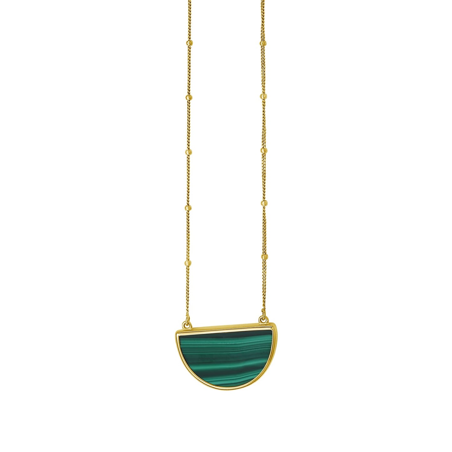 Malachite Geometric Half Moon Necklace in 14K Yellow Gold in a sleek high-contrast midnight luxury editorial style