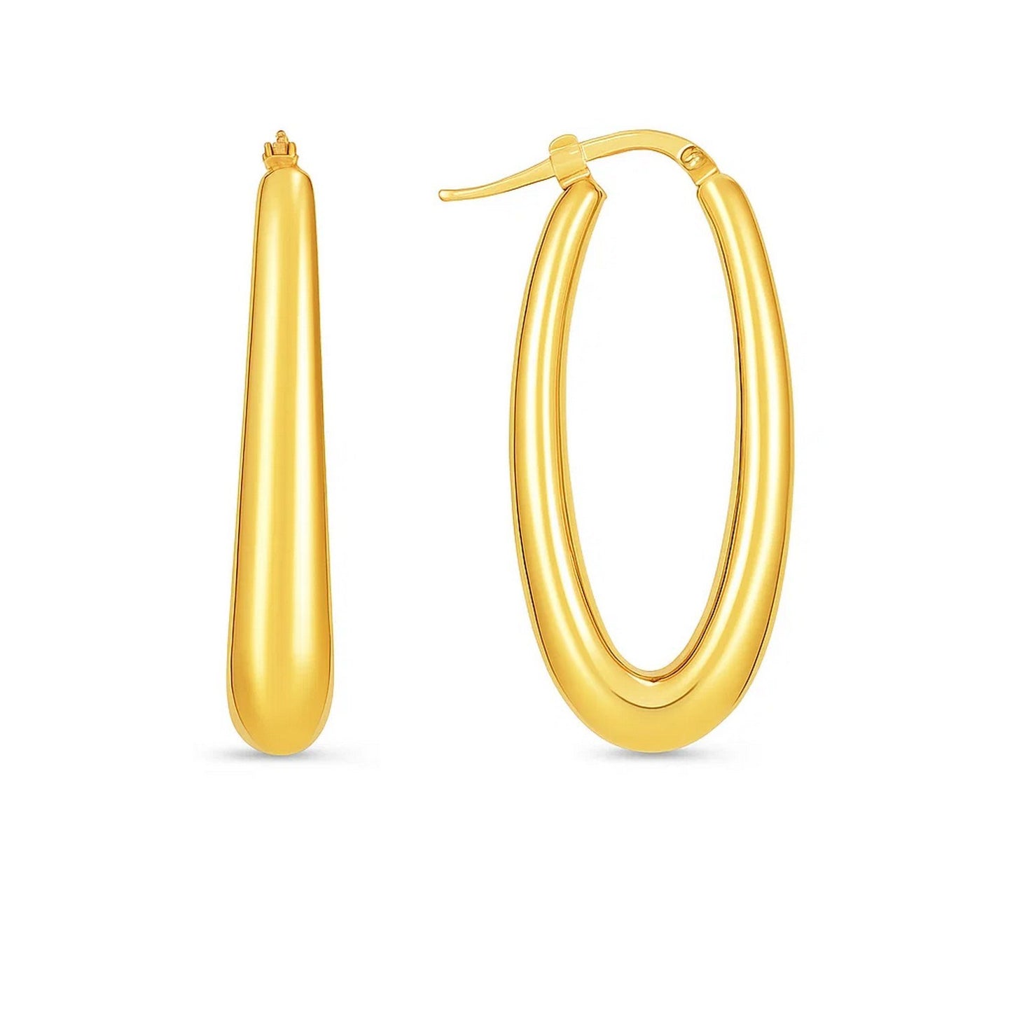 14k Yellow Gold Elongated Oval Hoops in a sleek high-contrast midnight luxury editorial style
