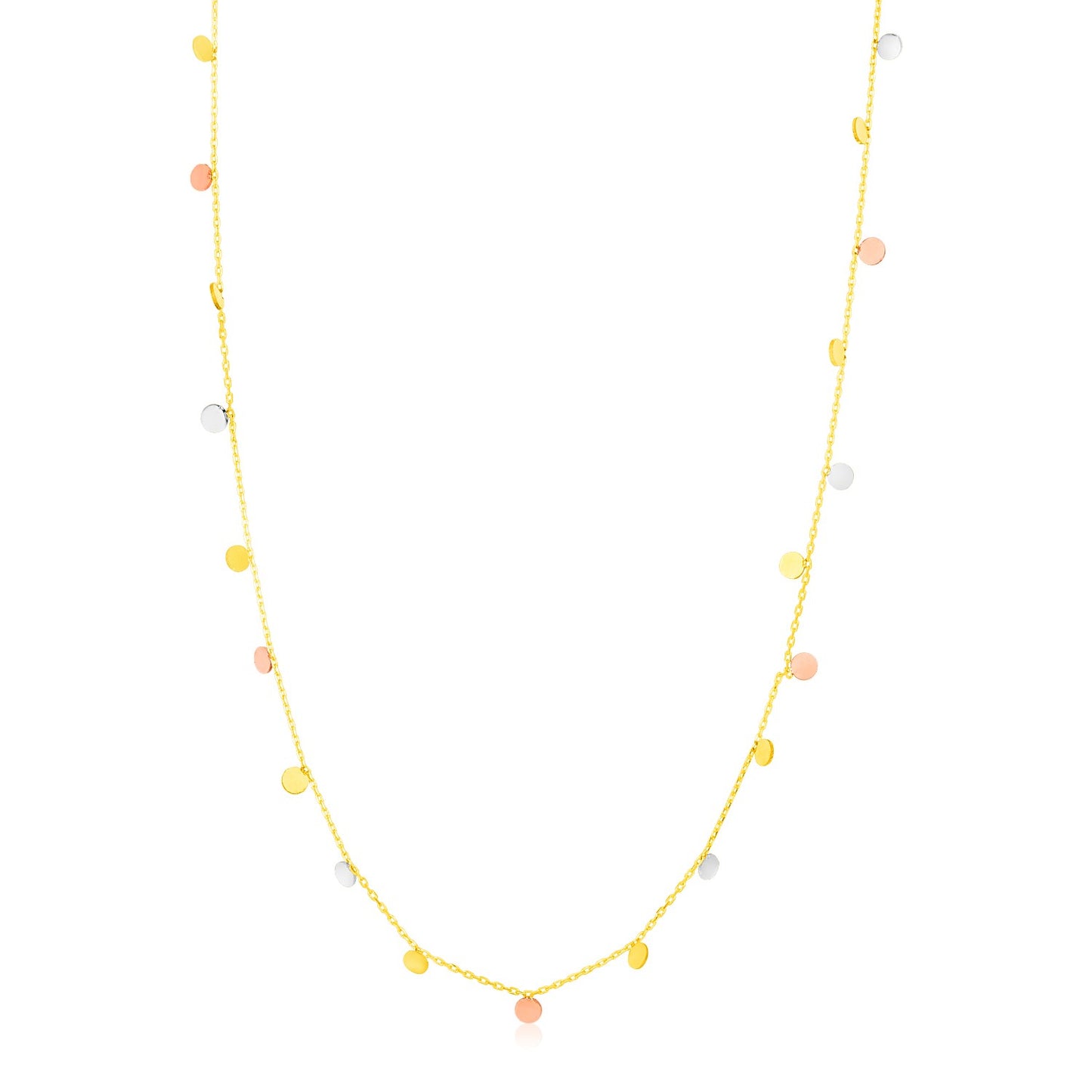 14K Tri Color Necklace with Dangling Circles in a sleek high-contrast midnight luxury editorial style
