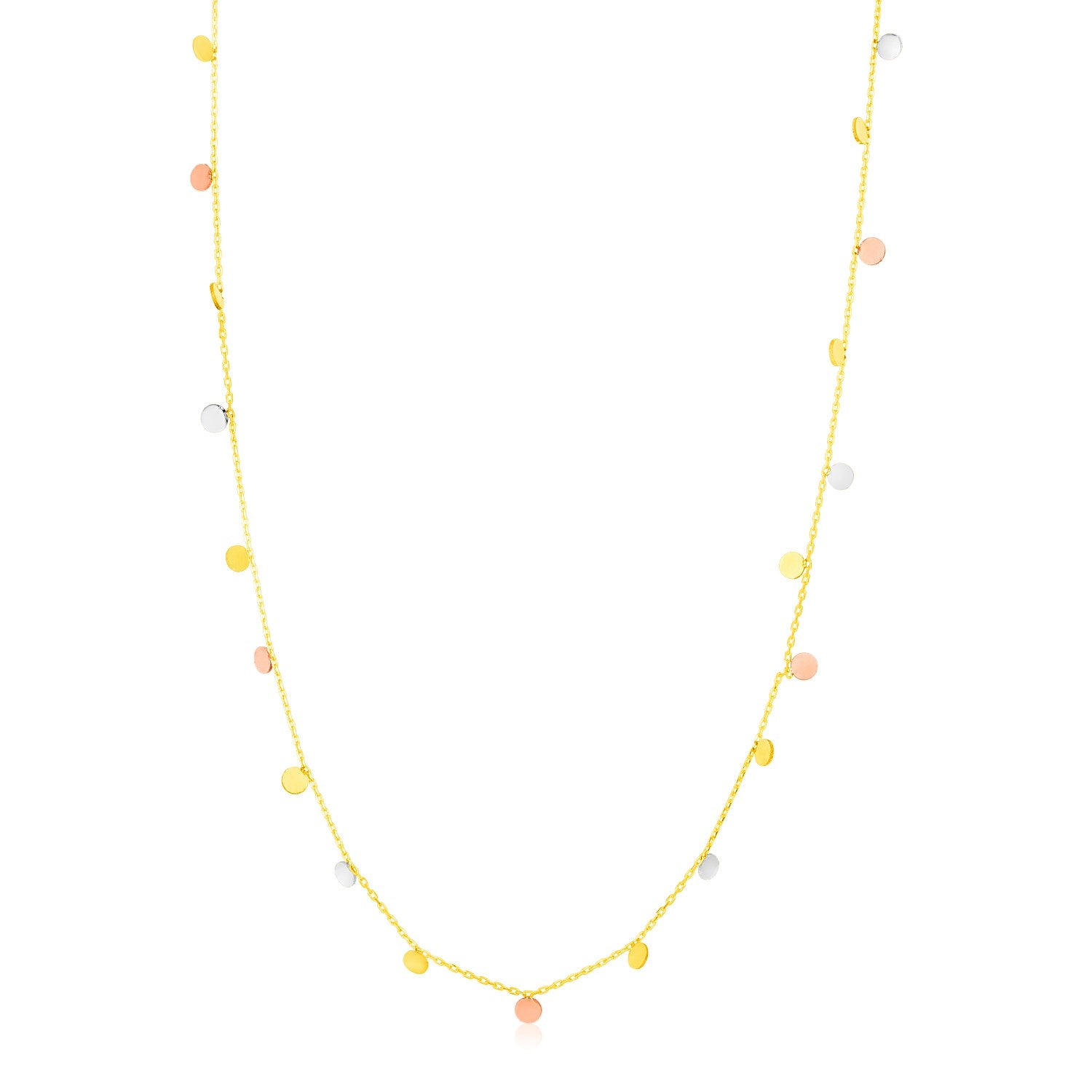 14K Tri Color Necklace with Dangling Circles in a sleek high-contrast midnight luxury editorial style
