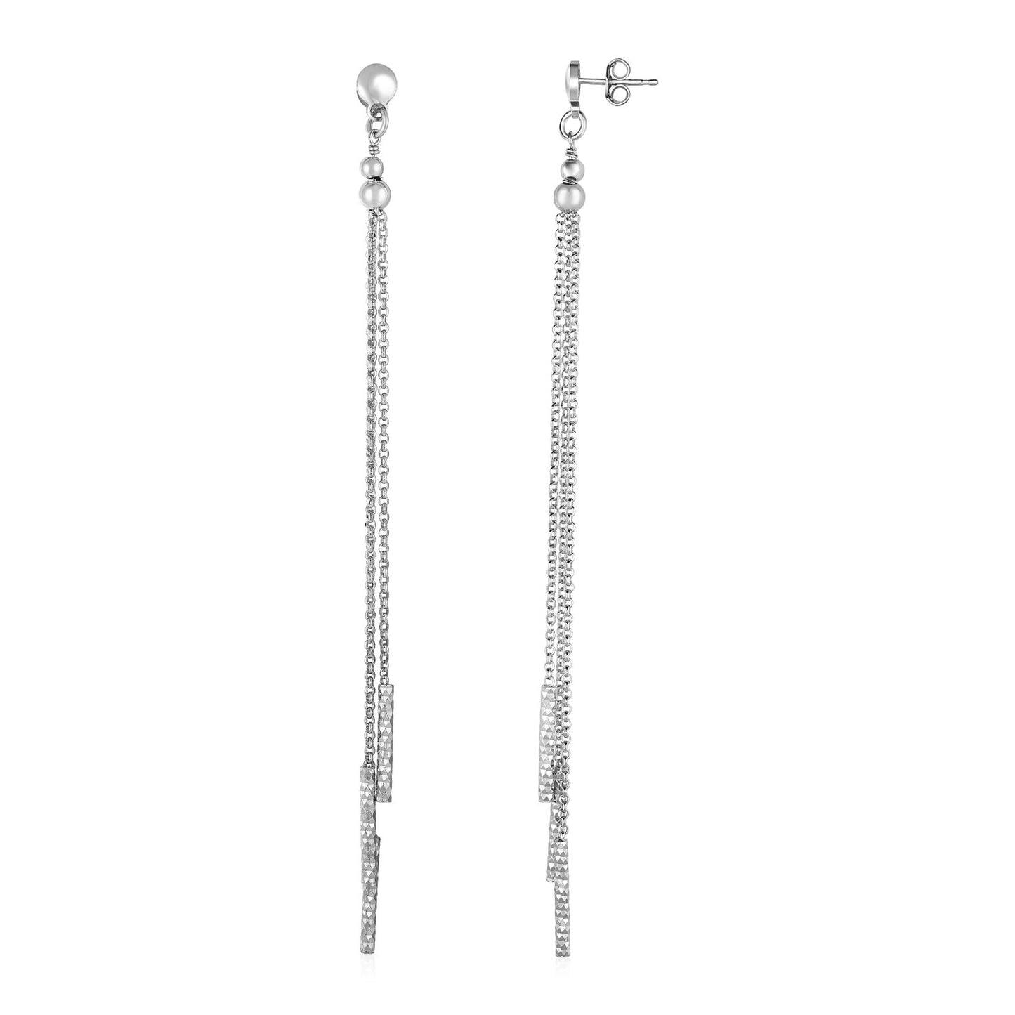 Long Chain Tassel and Textured Bar Drop Earrings in Sterling Silver in a sleek high-contrast midnight luxury editorial style