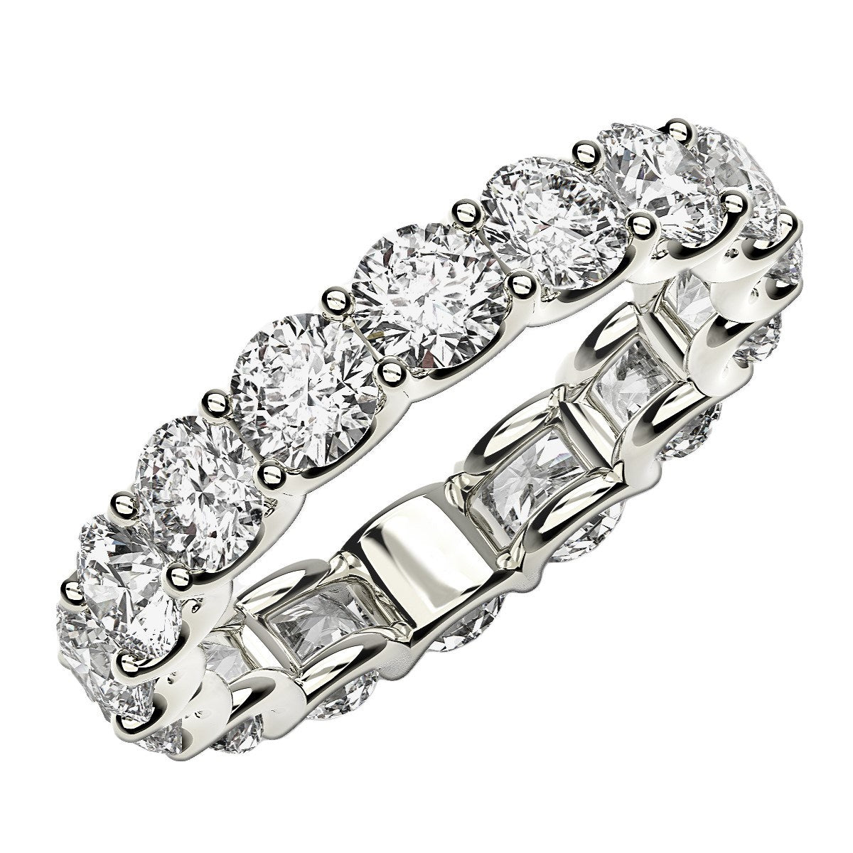 Round Cut Lab Grown Diamond Eternity Ring in 14k White Gold (4 cttw FG/VS2) in a sleek high-contrast midnight luxury editoria