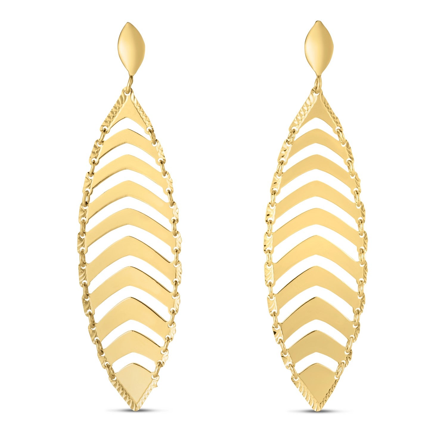 14k Yellow Gold Drop Leaf Earrings in a sleek high-contrast midnight luxury editorial style