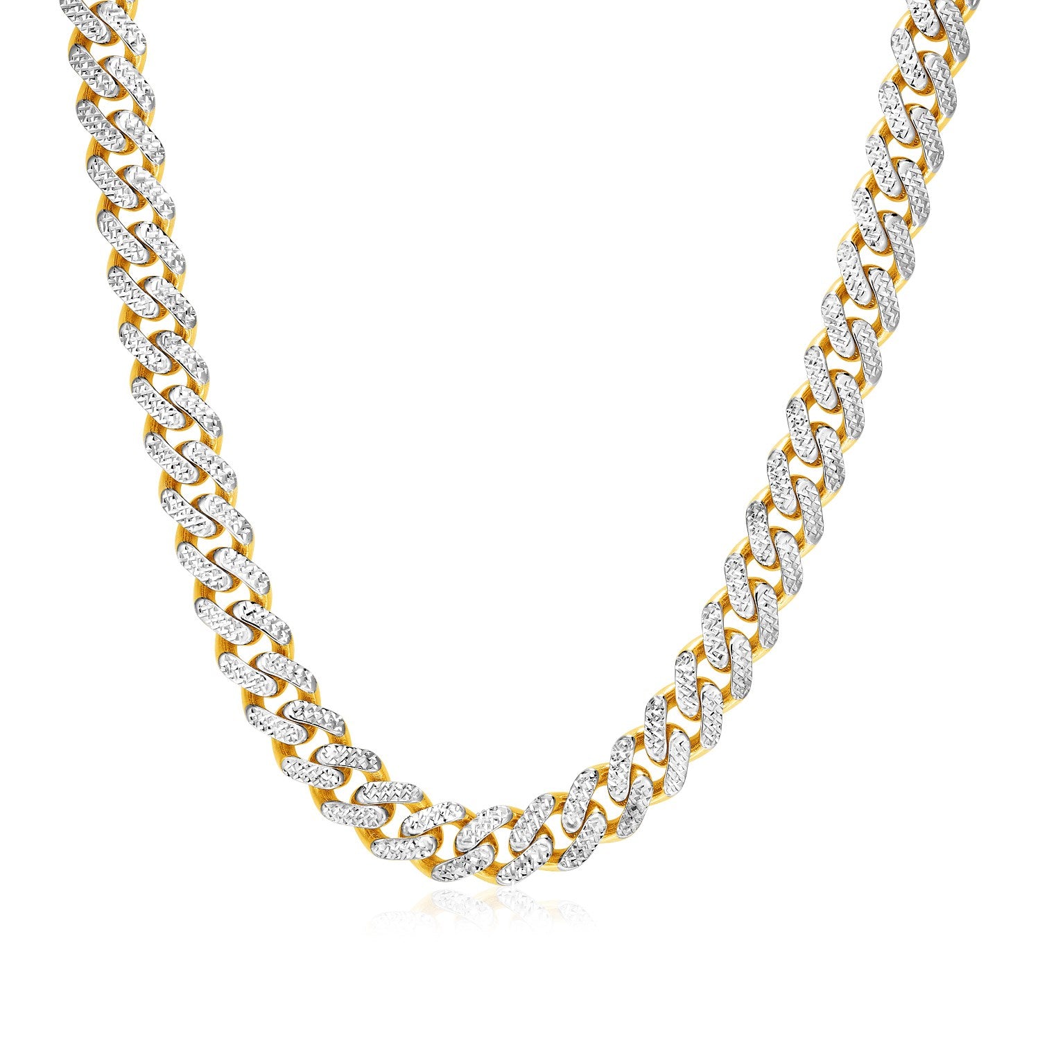 14k Two Tone Gold Miami Cuban Chain Necklace with White Pave in a sleek high-contrast midnight luxury editorial style