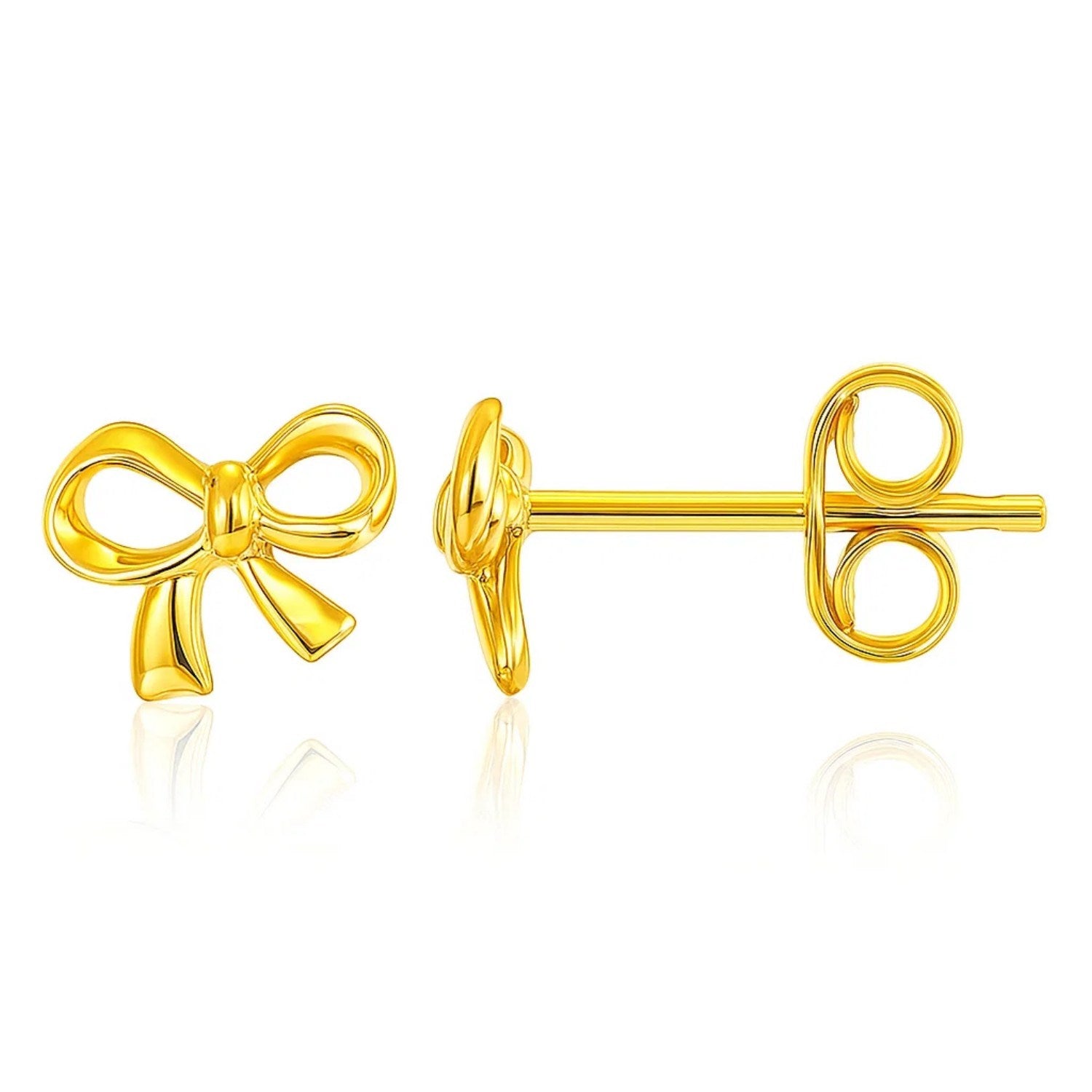 14k Yellow Gold Bow Style Post Earrings in a sleek high-contrast midnight luxury editorial style