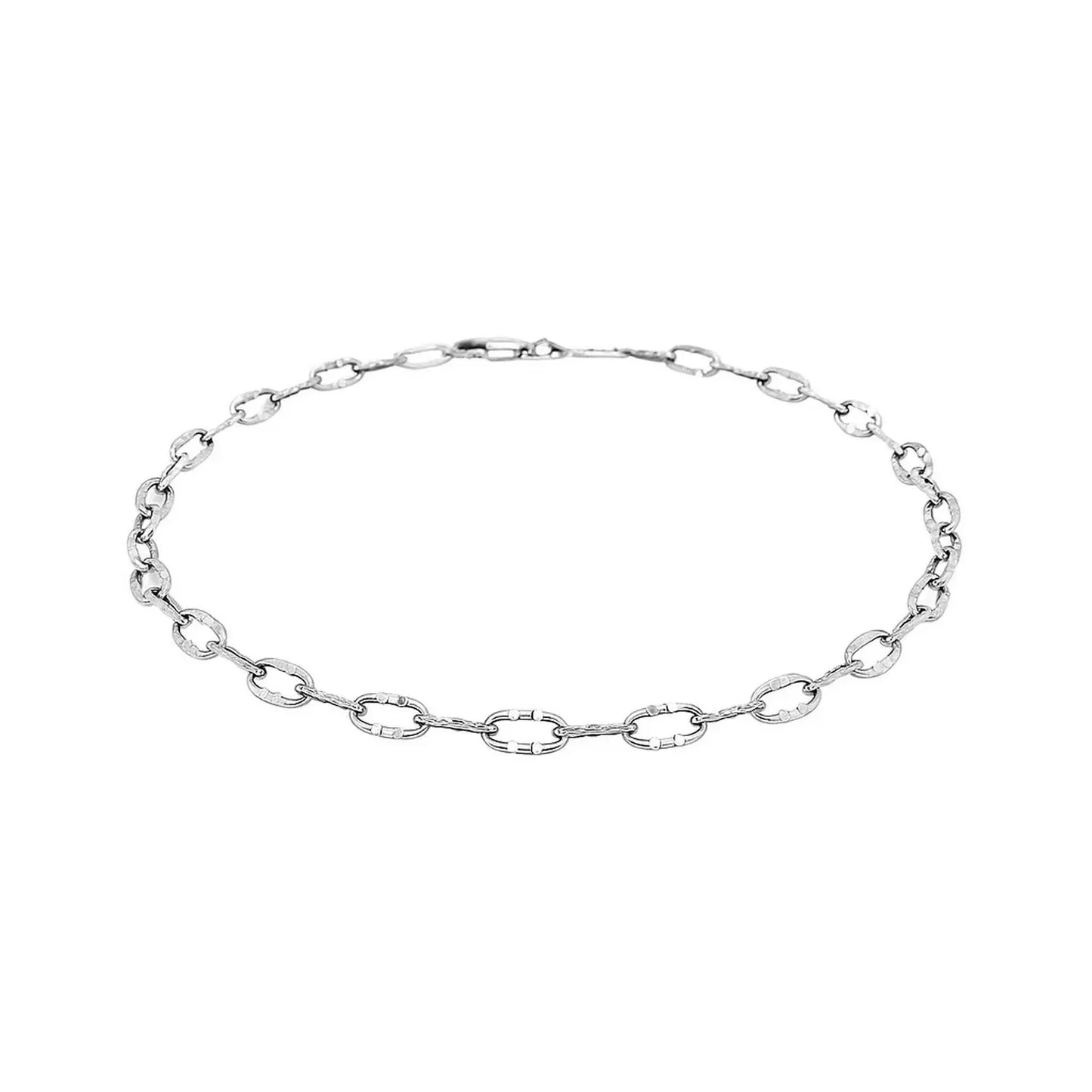 14k White Gold Anklet with Fancy Hammered Oval Links - Peelerie