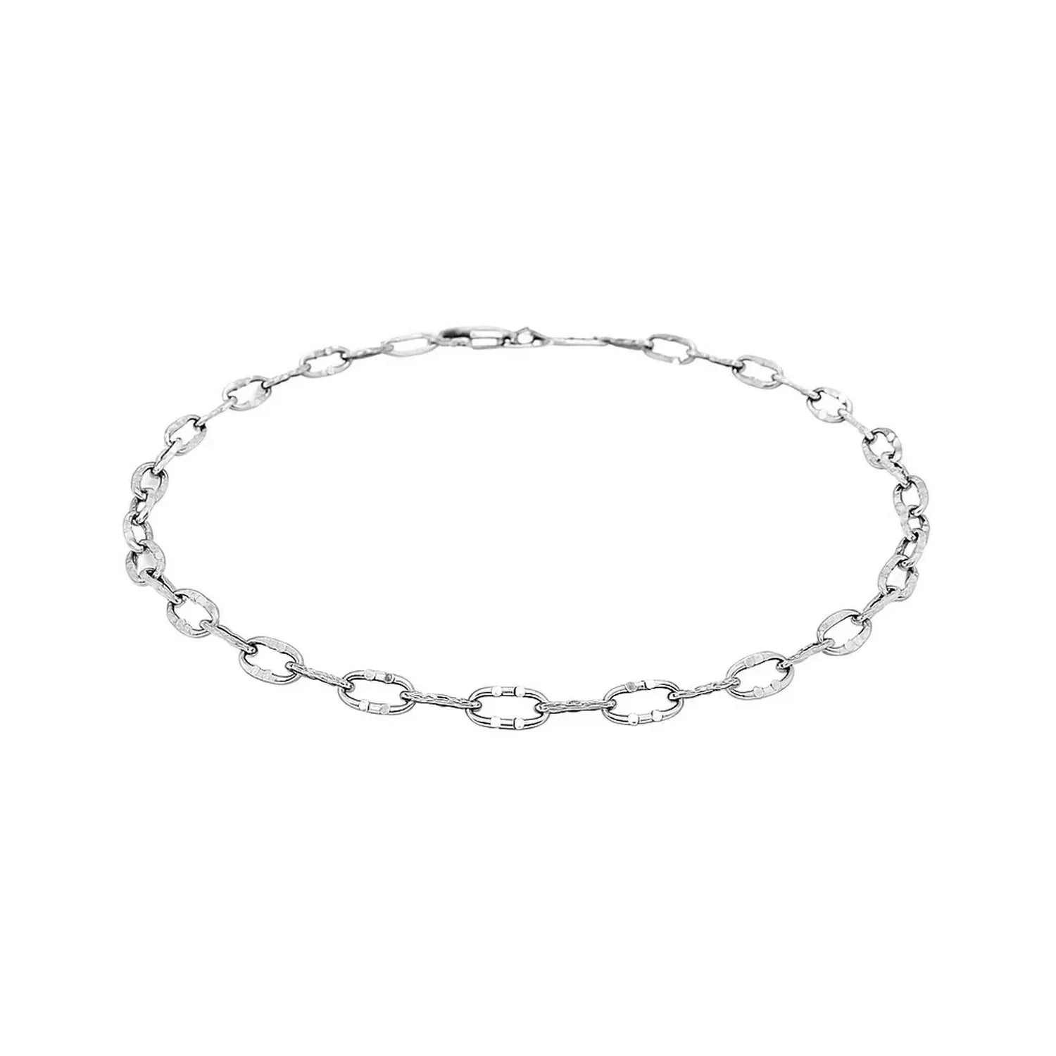 14k White Gold Anklet with Fancy Hammered Oval Links - Peelerie