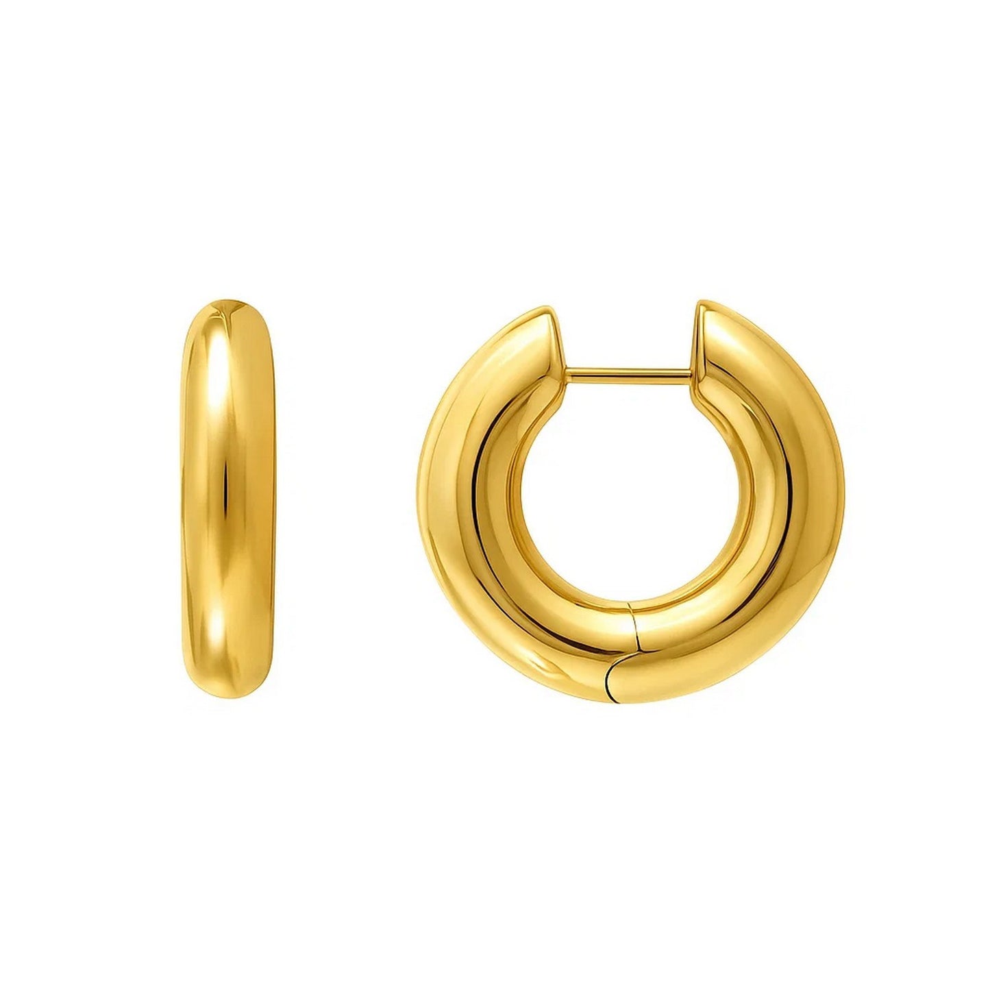 Large Round Electroform Hoop Earrings in 14K Yellow Gold in a sleek high-contrast midnight luxury editorial style