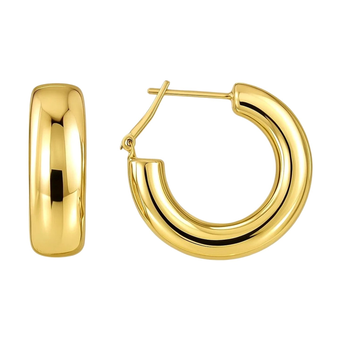 14k Yellow Gold Large Omega C Hoops in a sleek high-contrast midnight luxury editorial style