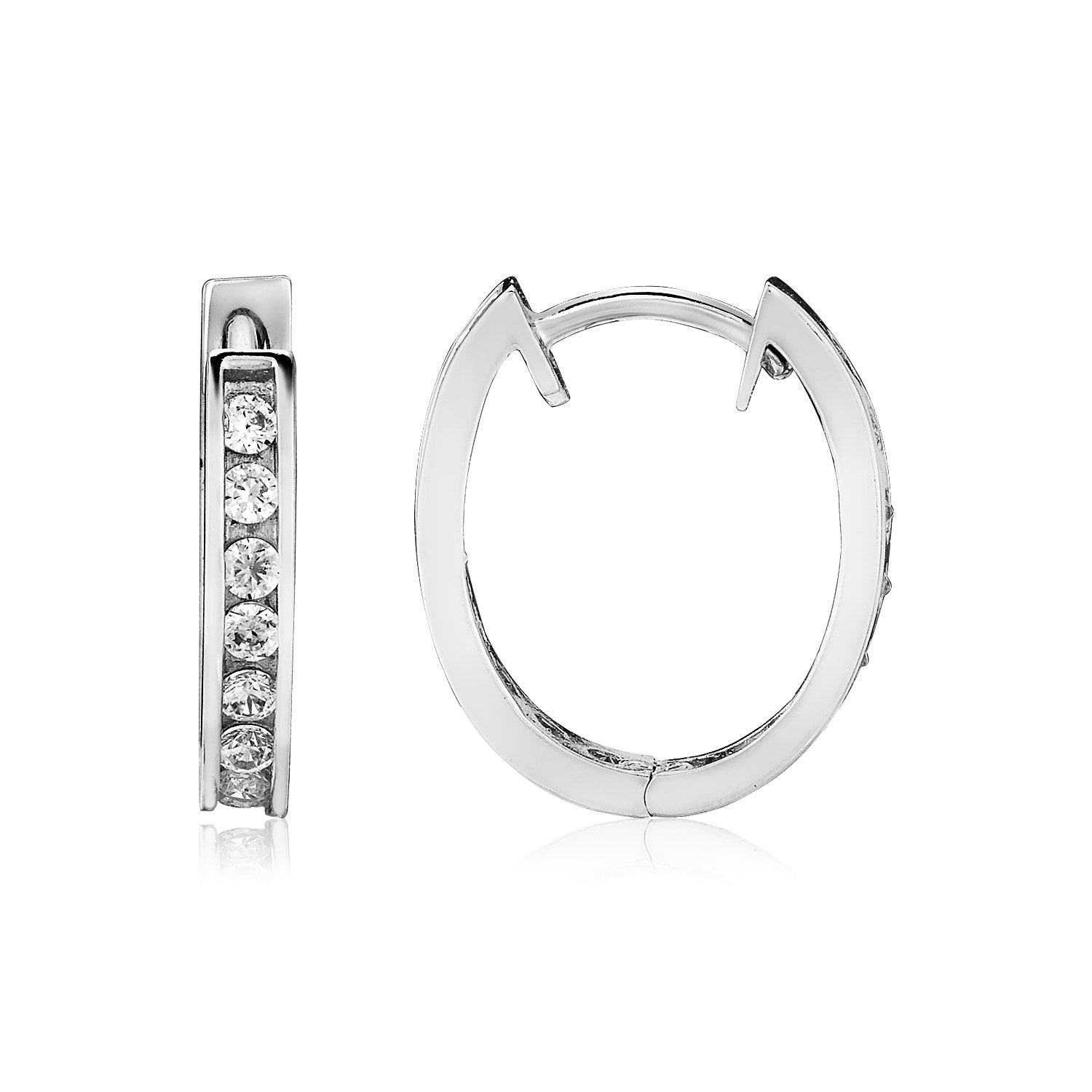 Sterling Silver Oval Hoop Earrings with Cubic Zirconias(3x15mm) in a sleek high-contrast midnight luxury editorial style
