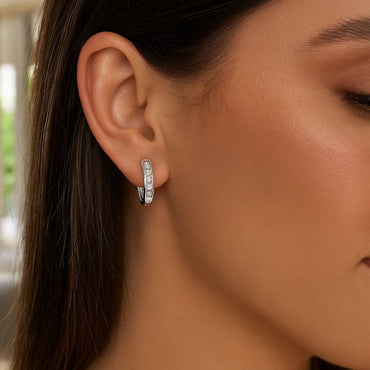 Sterling Silver Oval Hoop Earrings with Cubic Zirconias(3x15mm) - Peelerie