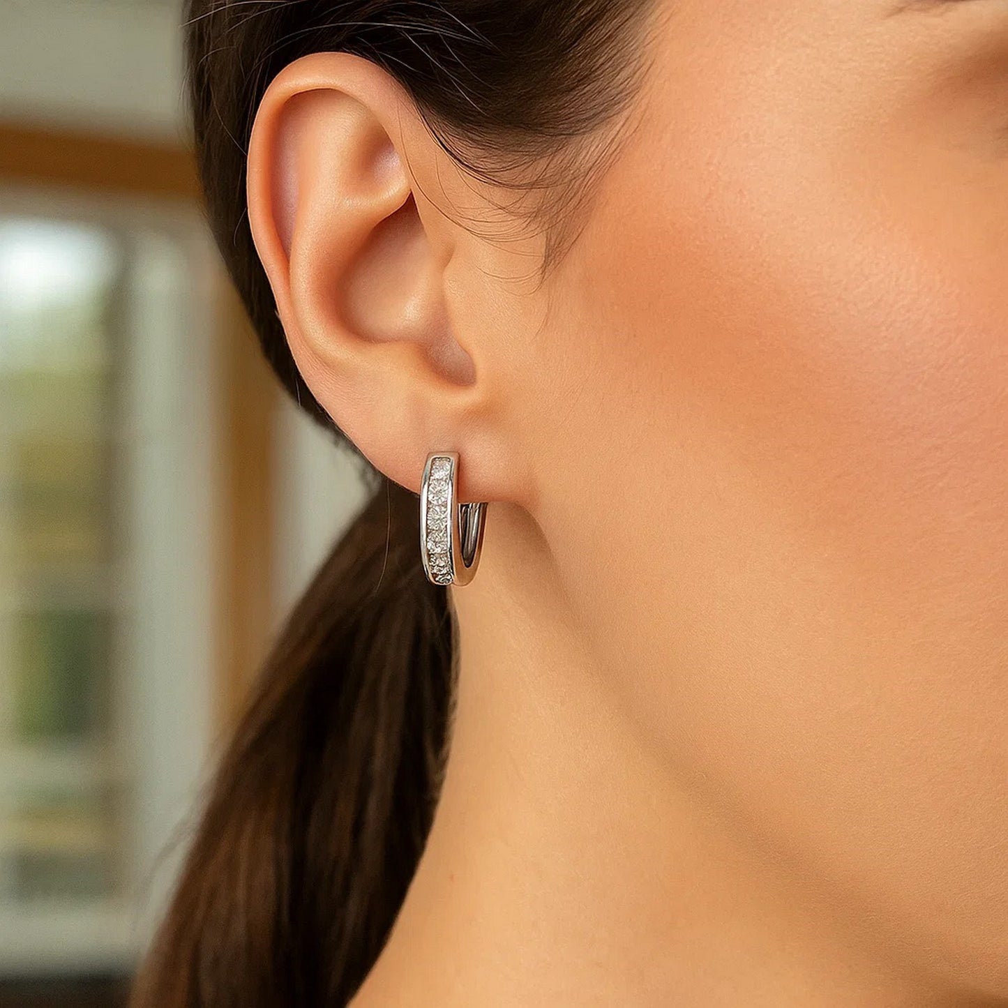 Sterling Silver Oval Hoop Earrings with Cubic Zirconias(3x15mm) - Peelerie