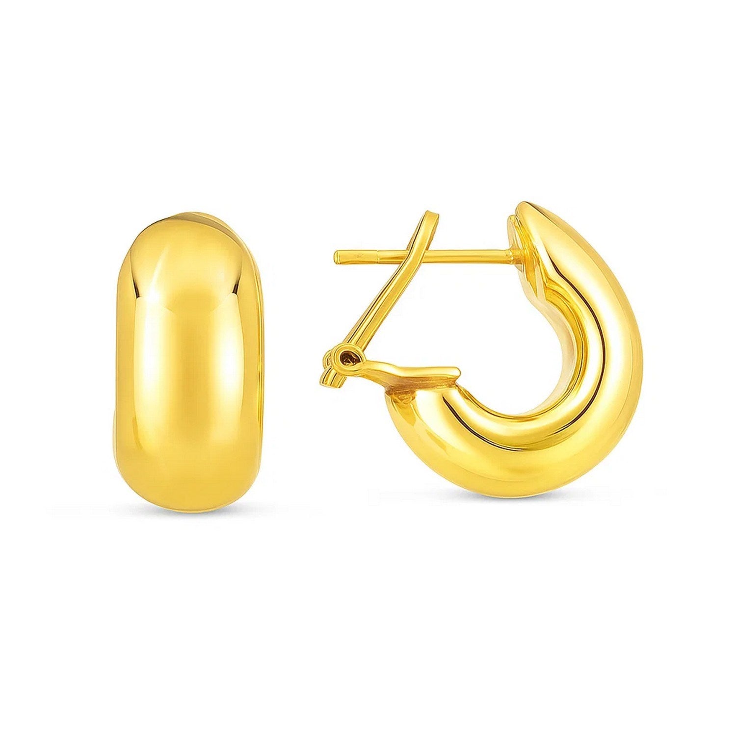14k Yellow Gold Small Omega C Hoops in a sleek high-contrast midnight luxury editorial style
