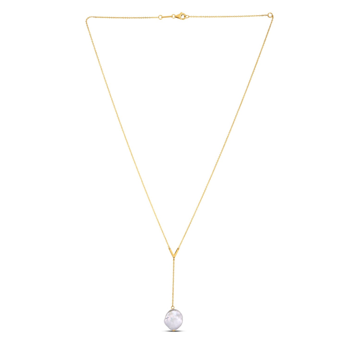 14k Yellow Gold Tesoro Pearl Lariat Necklace in a sleek high-contrast midnight luxury editorial style