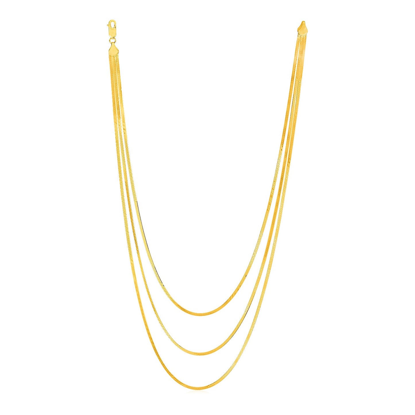 14k Yellow Gold Three Strand Herringbone Chain Necklace in a sleek high-contrast midnight luxury editorial style