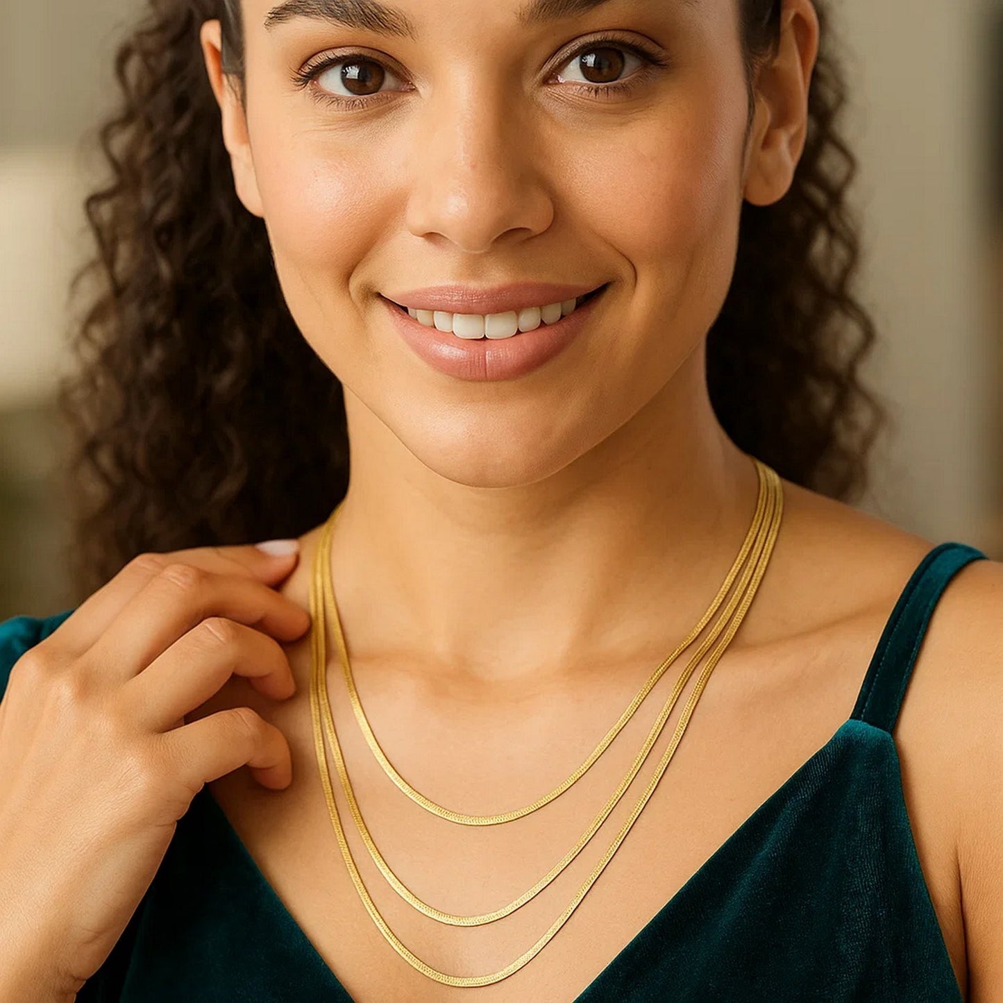 14k Yellow Gold Three Strand Herringbone Chain Necklace