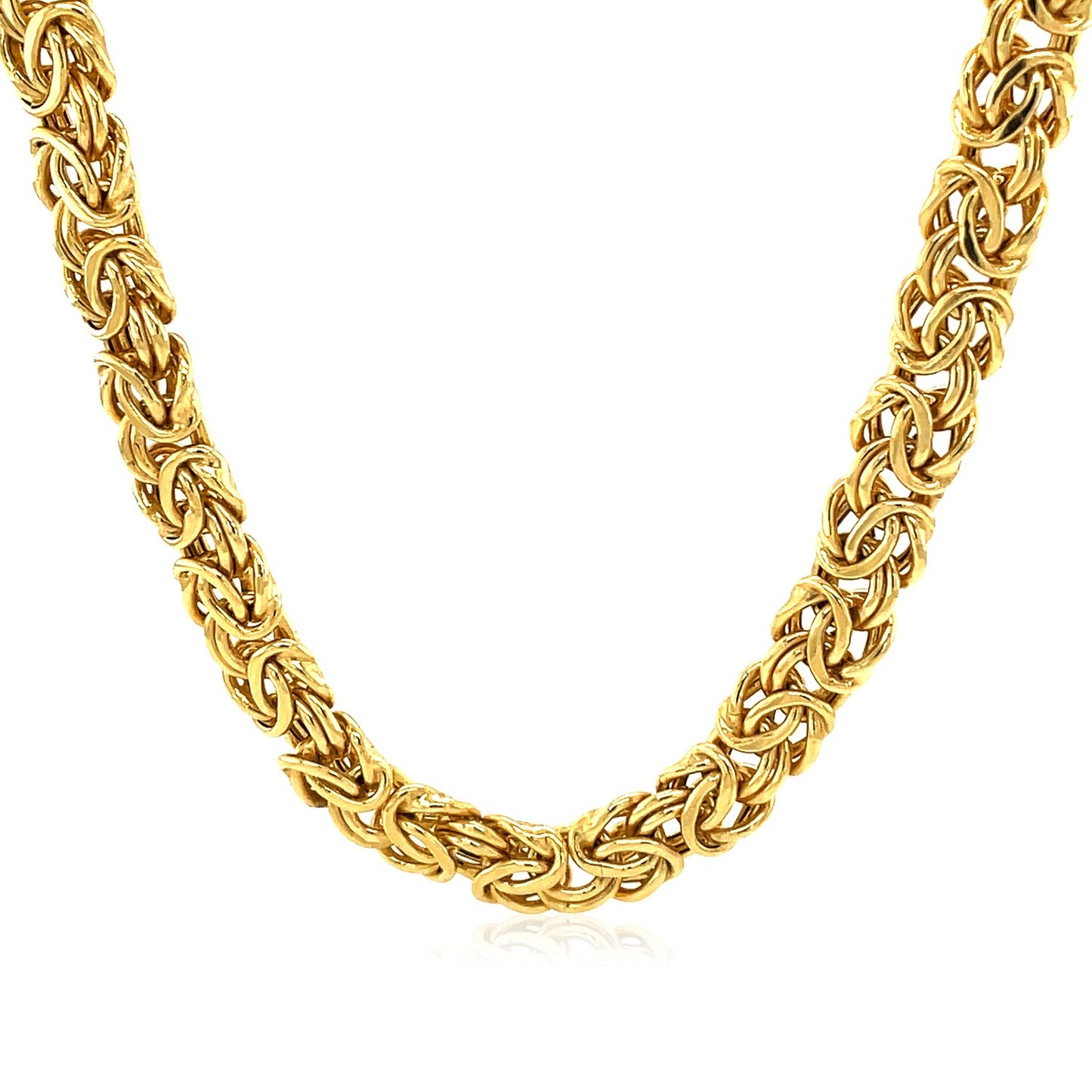 14k Yellow Gold Byzantine Motif Chain Necklace in a sleek high-contrast midnight luxury editorial style