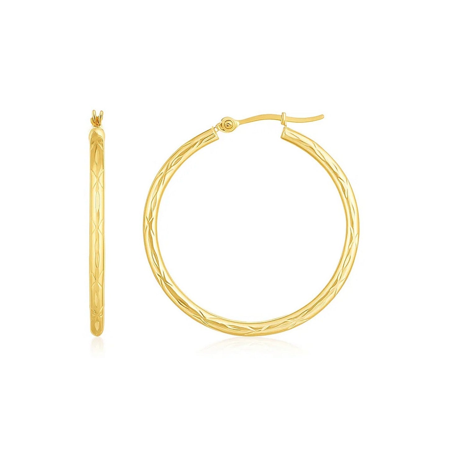 14K Yellow Gold Diamond Cut Hoop Earrings(2x30mm) in a sleek high-contrast midnight luxury editorial style