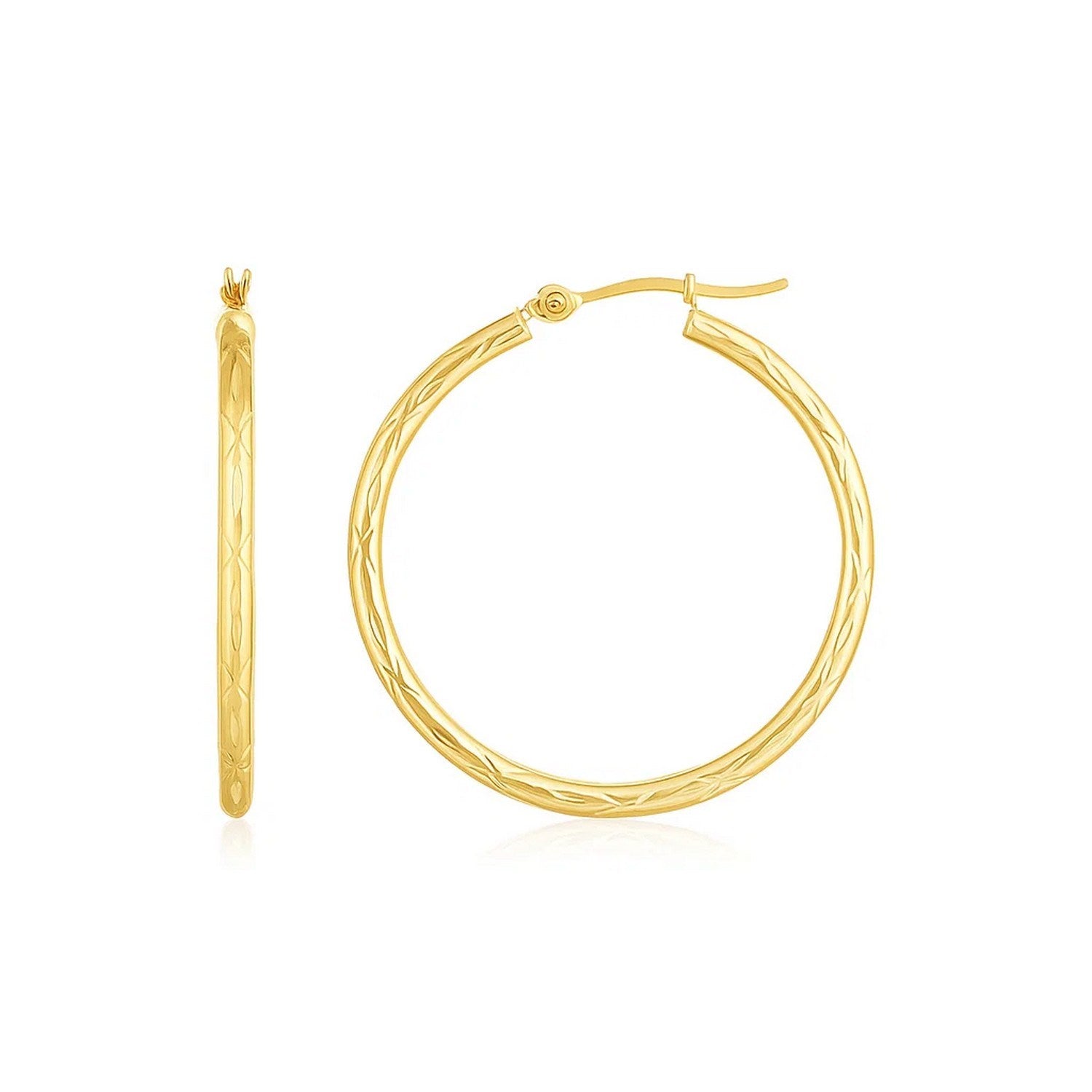 14K Yellow Gold Diamond Cut Hoop Earrings(2x30mm) in a sleek high-contrast midnight luxury editorial style