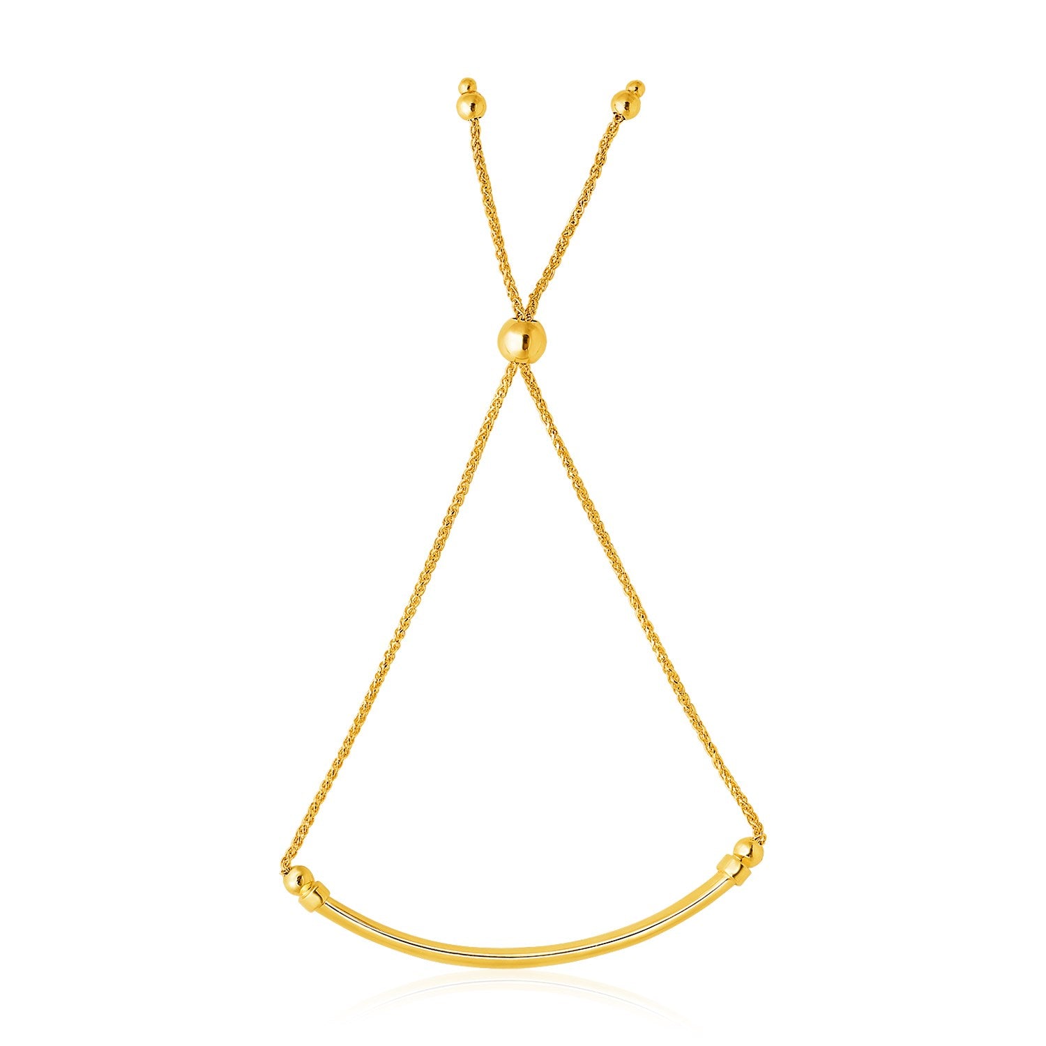 14k Yellow Gold Smooth Curved Bar and Lariat Style Bracelet (1.00 mm) in a sleek high-contrast midnight luxury editorial styl