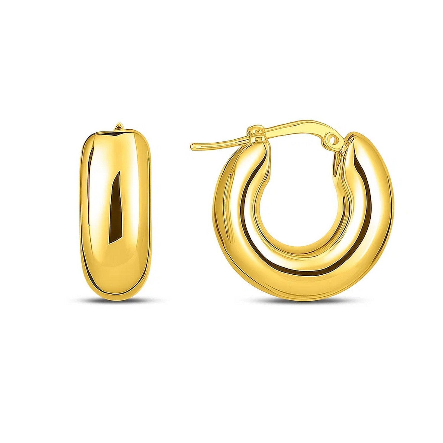 14k Yellow Gold Small Puffy Hoops in a sleek high-contrast midnight luxury editorial style