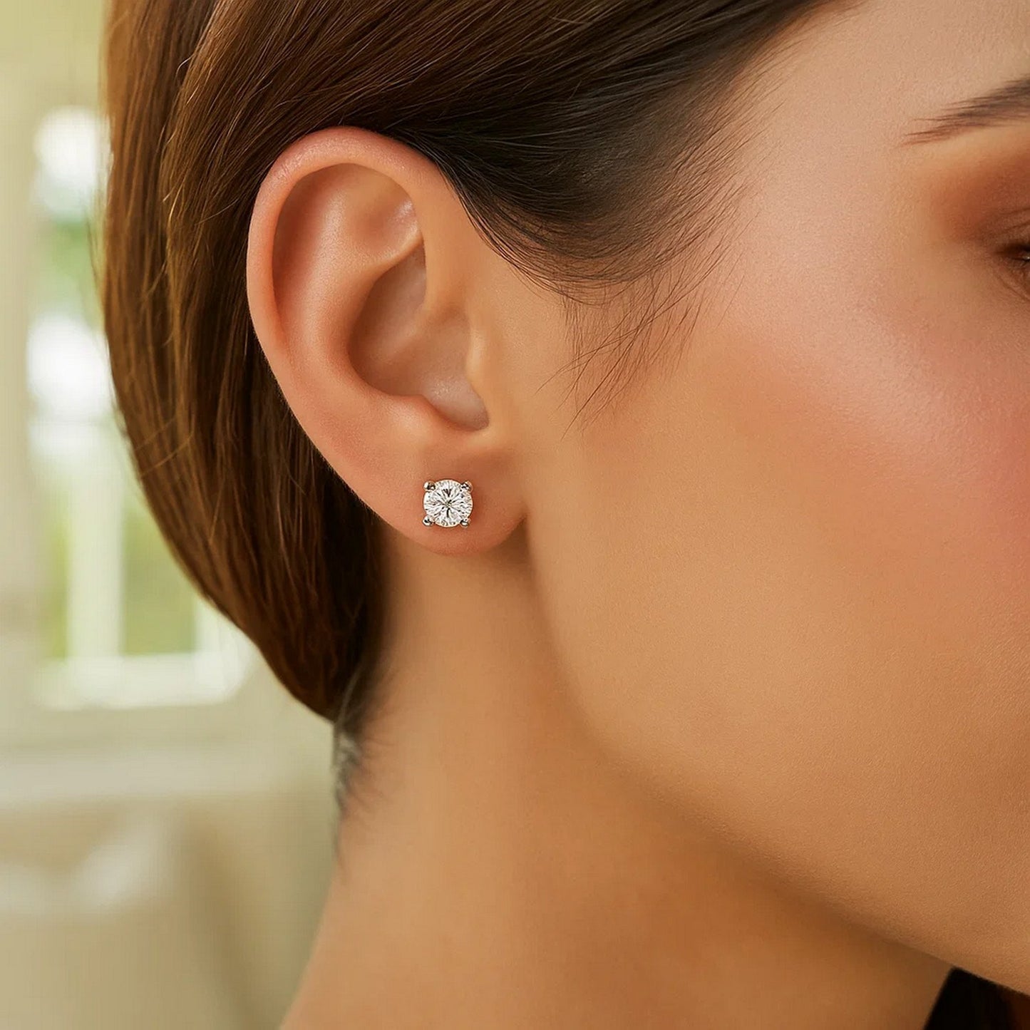 Sterling Silver Stud Earrings with White Hue Faceted Cubic Zirconia(5mm) - Peelerie