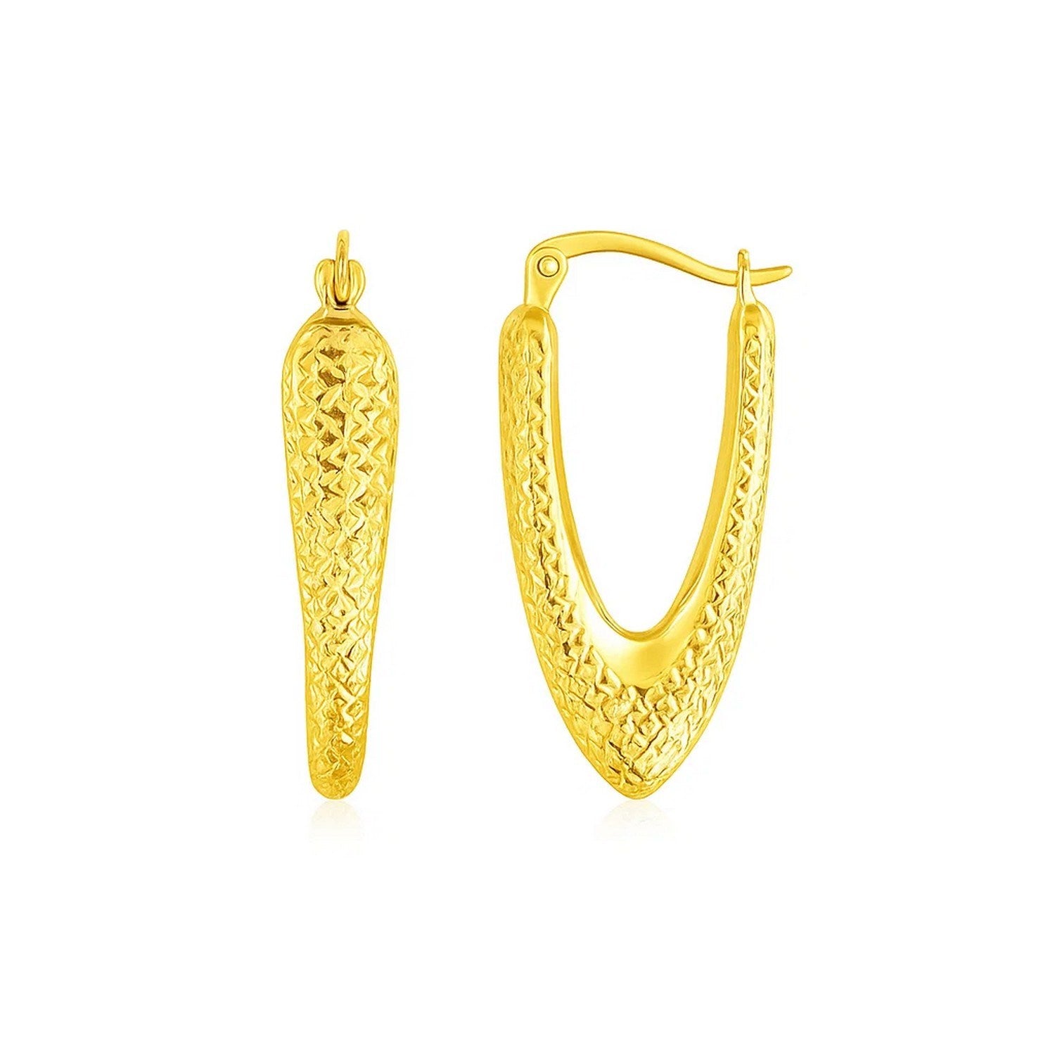 14k Yellow Gold V Shaped Puffed Hoop Earrings in a sleek high-contrast midnight luxury editorial style
