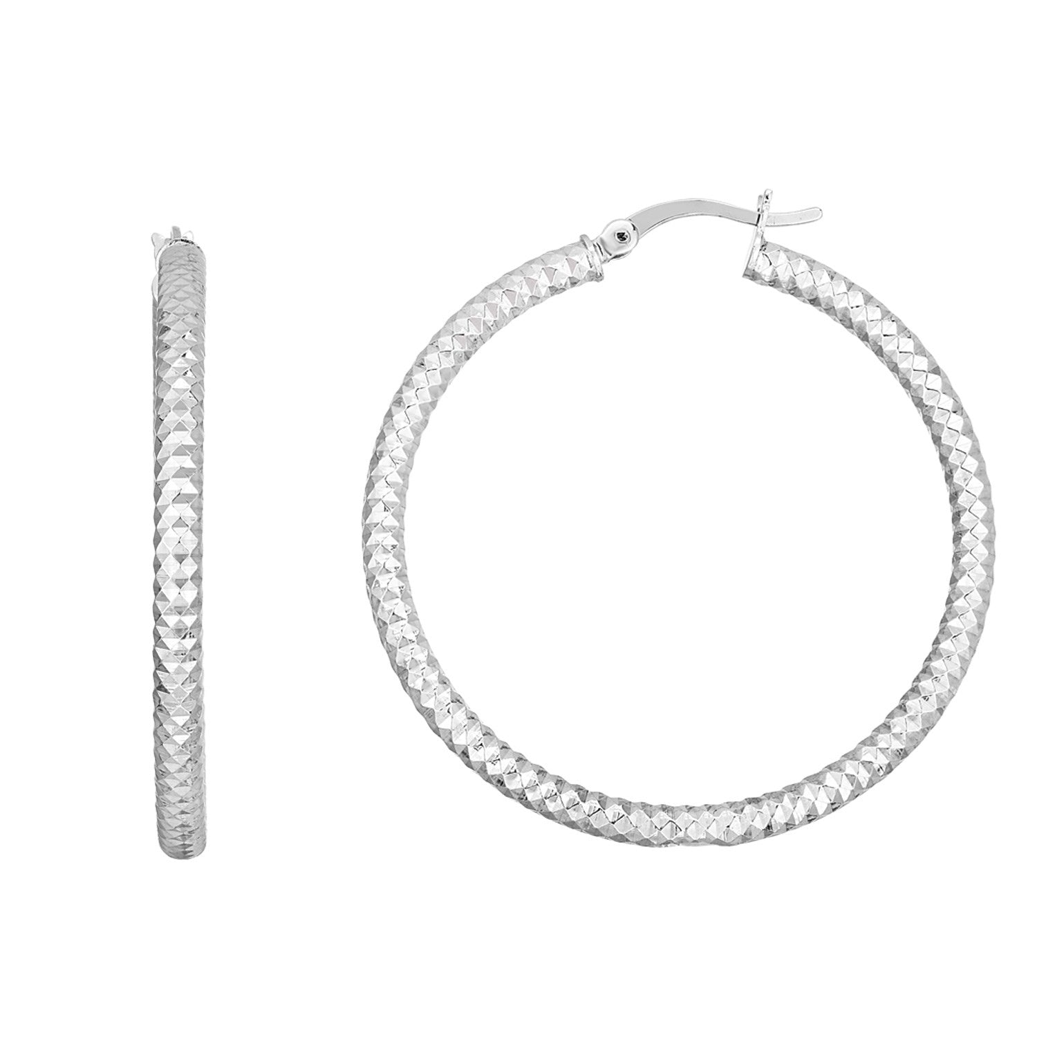 Sterling Silver Large Hoop Earrings with Braid Texture(3x35mm) in a sleek high-contrast midnight luxury editorial style