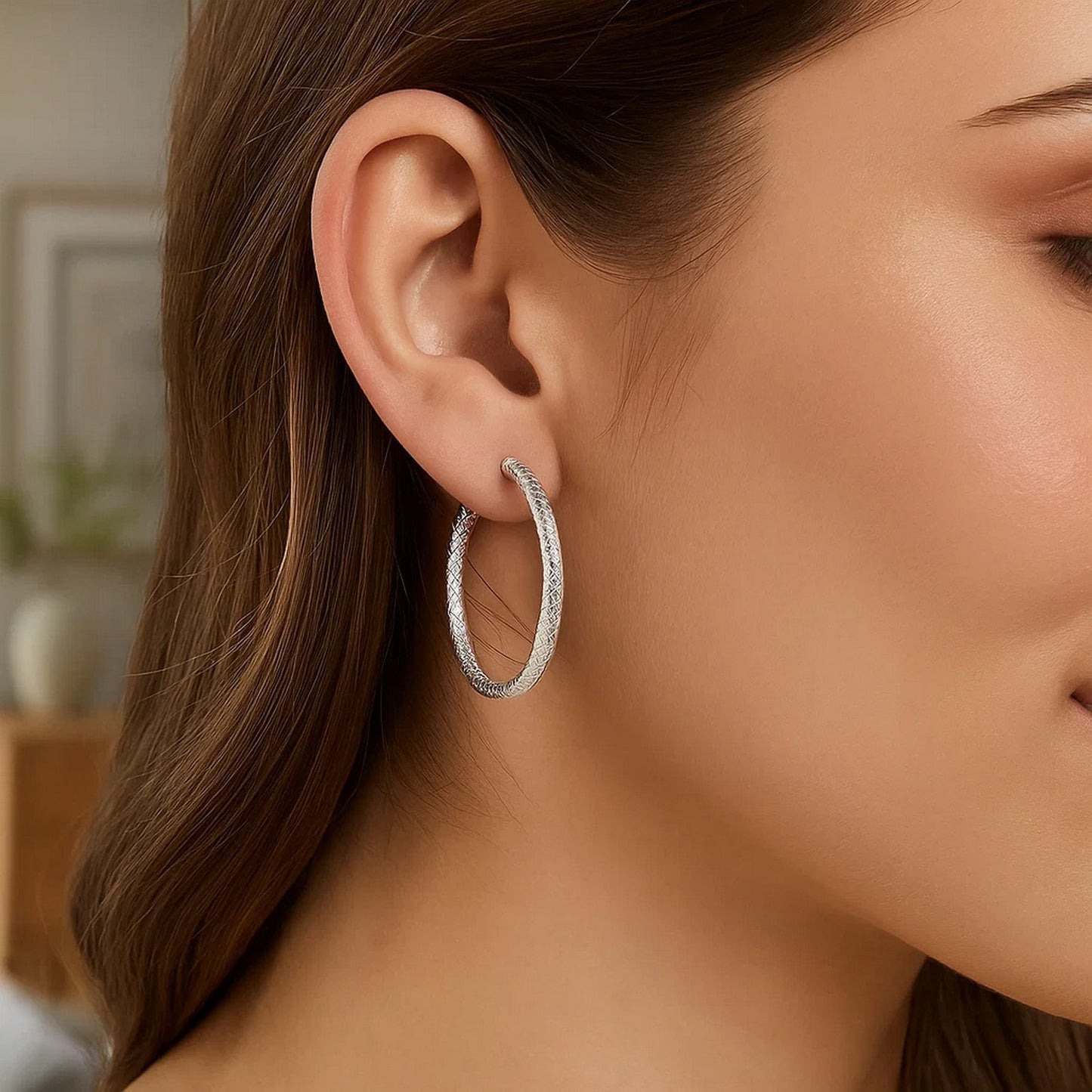 Sterling Silver Large Hoop Earrings with Braid Texture(3x35mm) - Peelerie