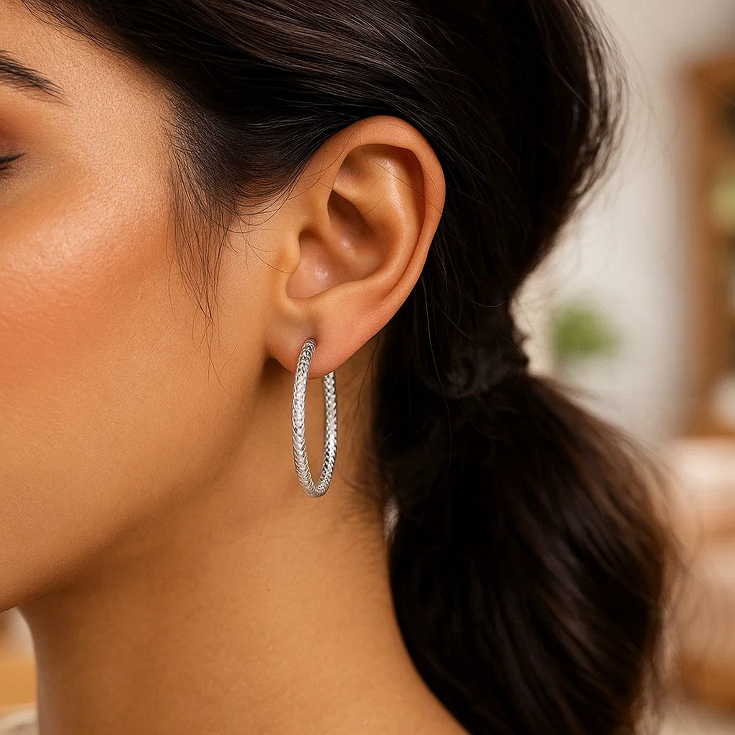 Sterling Silver Large Hoop Earrings with Braid Texture(3x35mm) - Peelerie