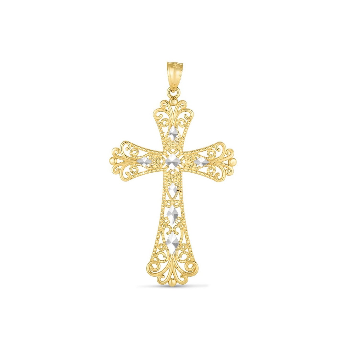 14k Two Tone Gold High Polish Diamond Cut Cross Pendant in a sleek high-contrast midnight luxury editorial style