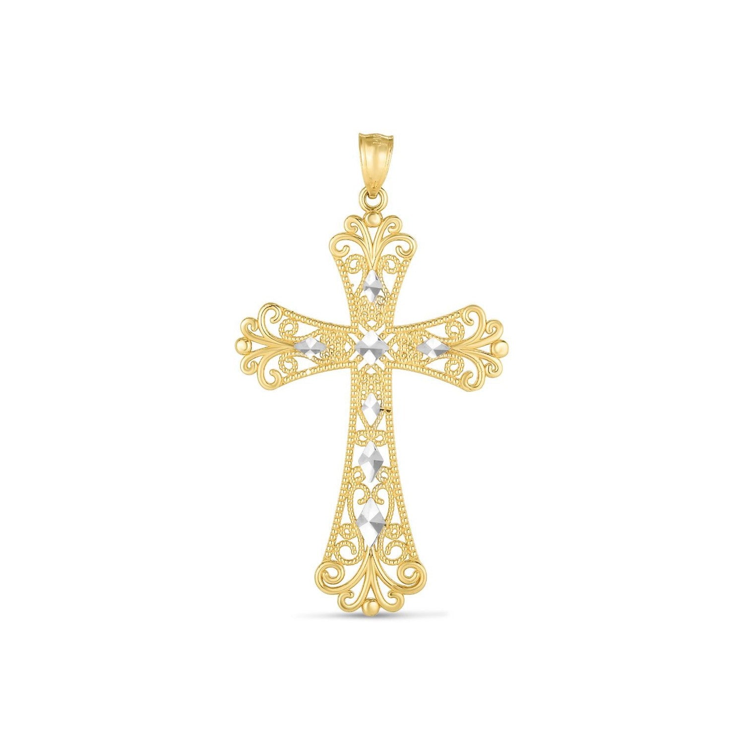 14k Two Tone Gold High Polish Diamond Cut Cross Pendant in a sleek high-contrast midnight luxury editorial style