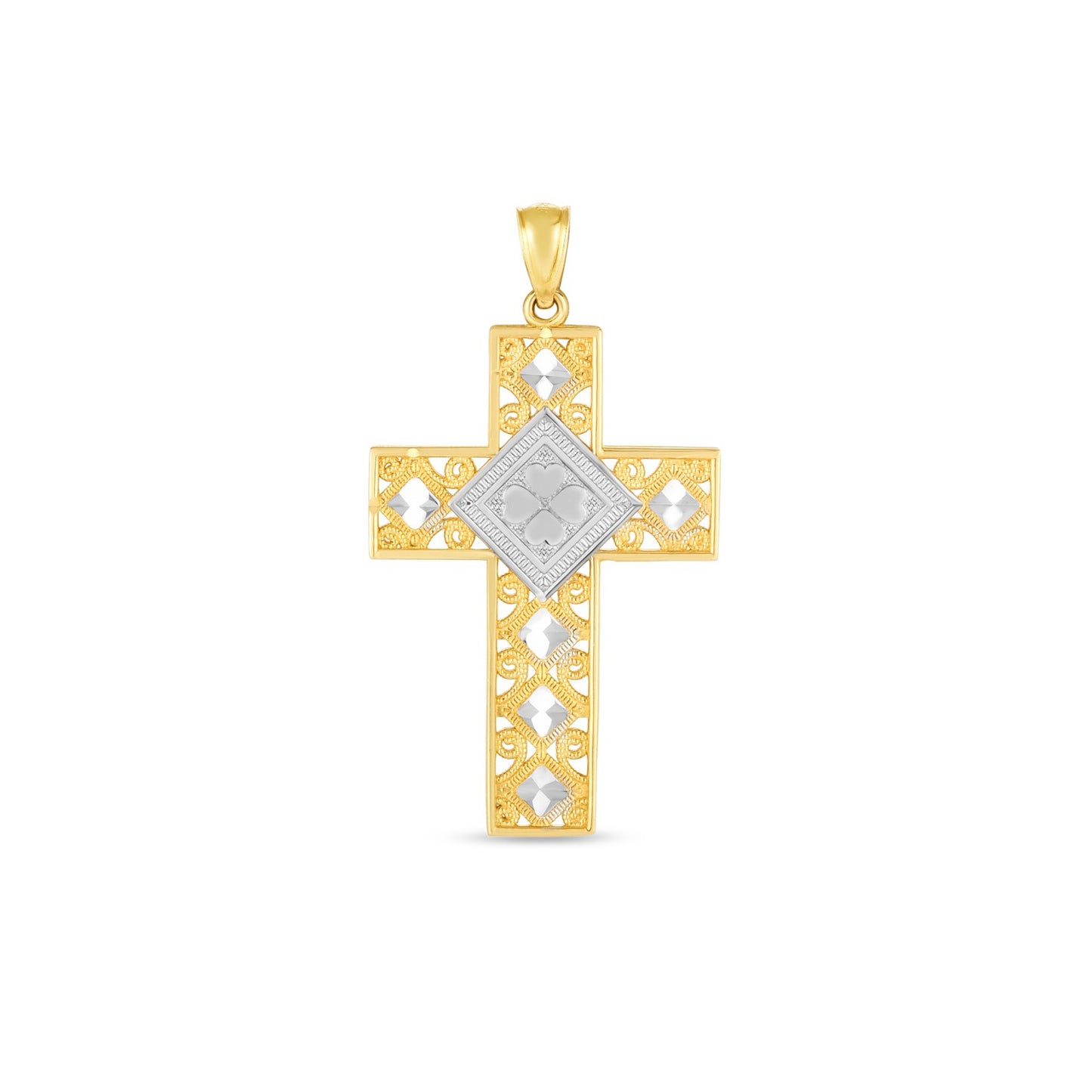 14k Two Tone Gold High Polish Diamond Cut Cross Pendant in a sleek high-contrast midnight luxury editorial style