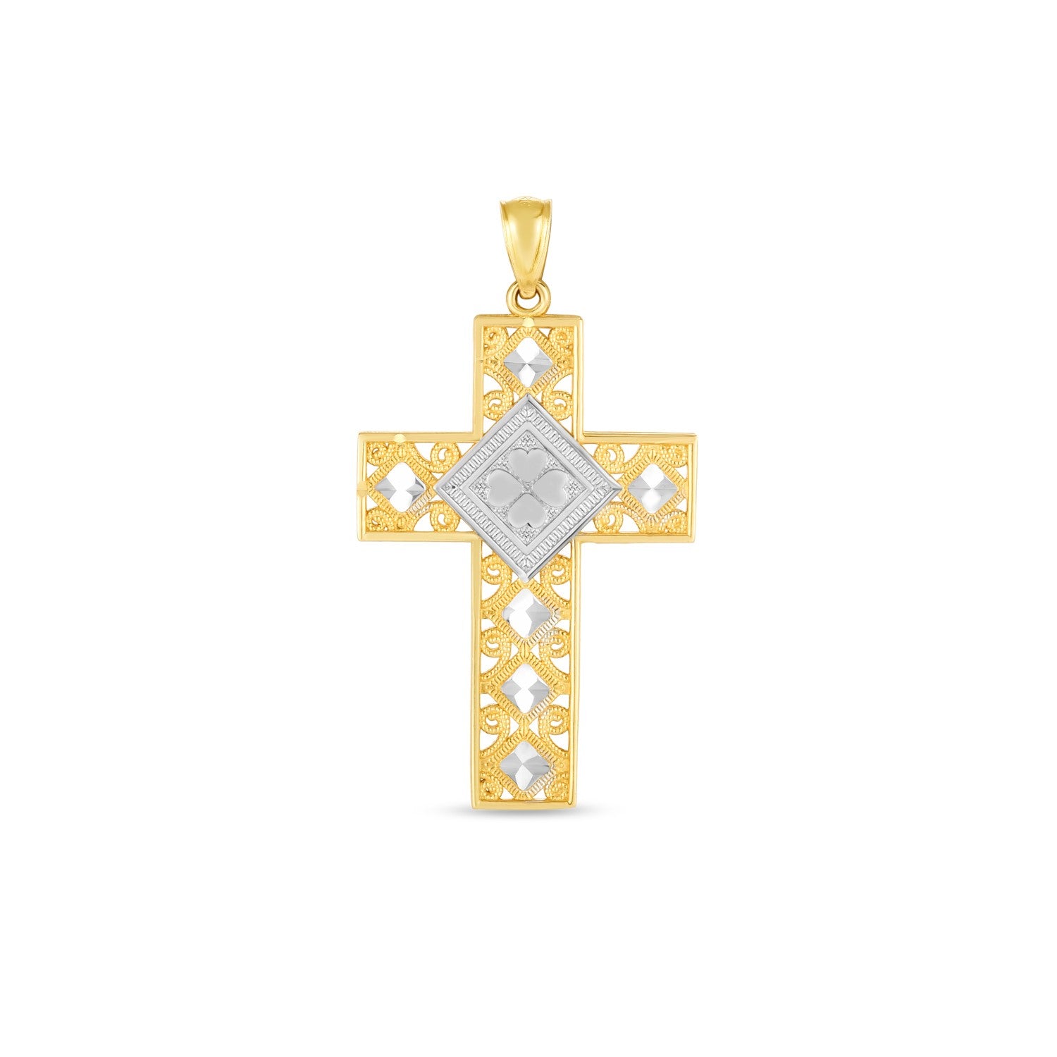14k Two Tone Gold High Polish Diamond Cut Cross Pendant in a sleek high-contrast midnight luxury editorial style