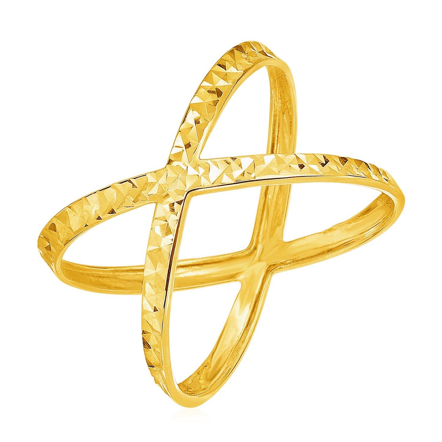 14k Yellow Gold Textured X Profile Ring in a sleek high-contrast midnight luxury editorial style