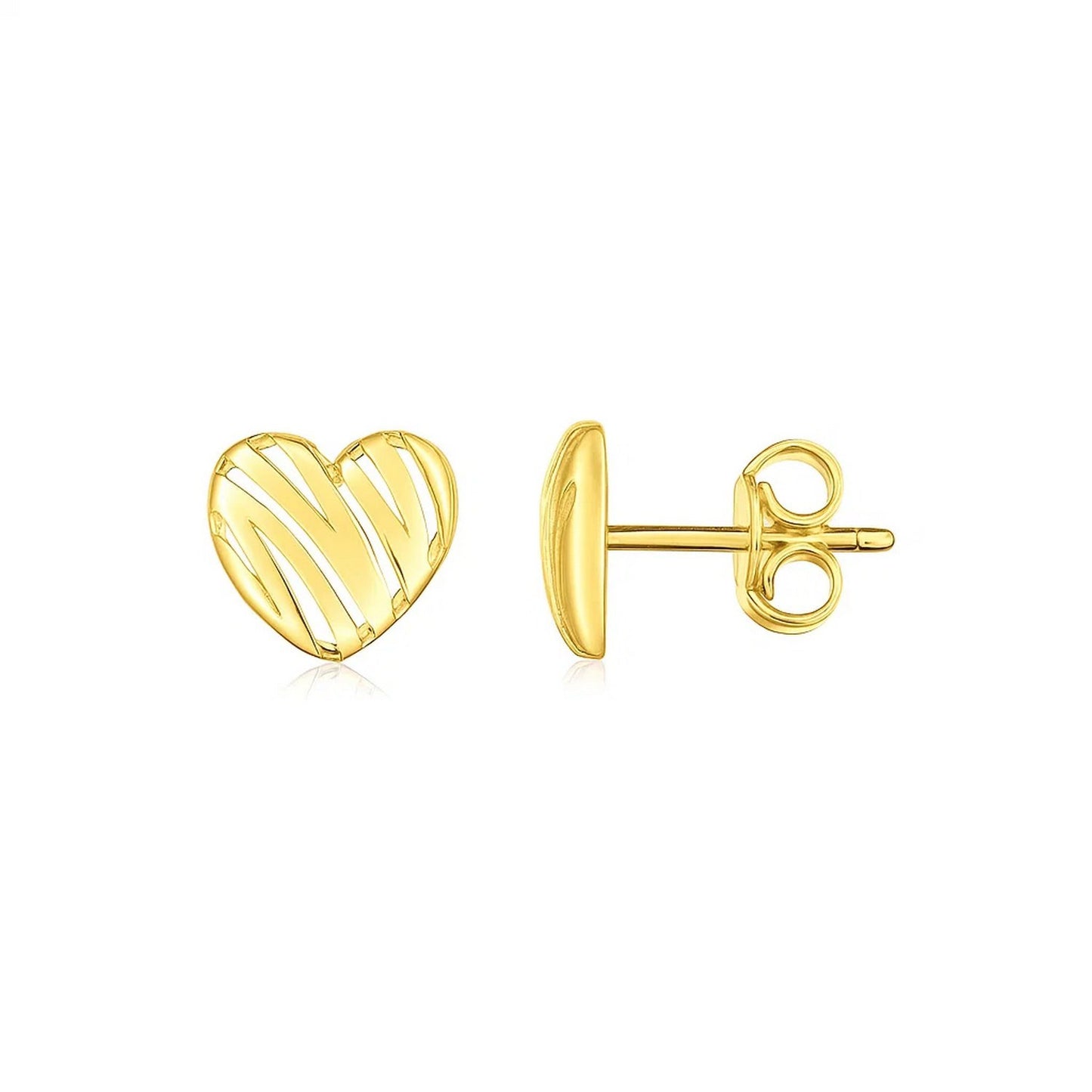 14K Yellow Gold High Polish Scribble Heart Stud Earrings in a sleek high-contrast midnight luxury editorial style