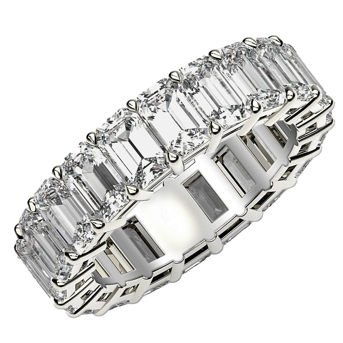 Emerald Cut Lab Grown Diamond Eternity Ring in 14k White Gold (7 cttw FG/VS2) in a sleek high-contrast midnight luxury editor