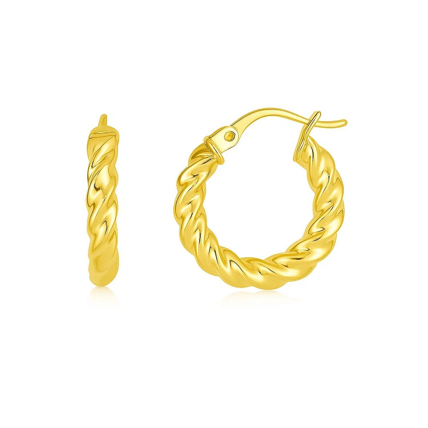 14k Yellow Gold Polished Twisted Hoop Earrings(3x11mm) in a sleek high-contrast midnight luxury editorial style