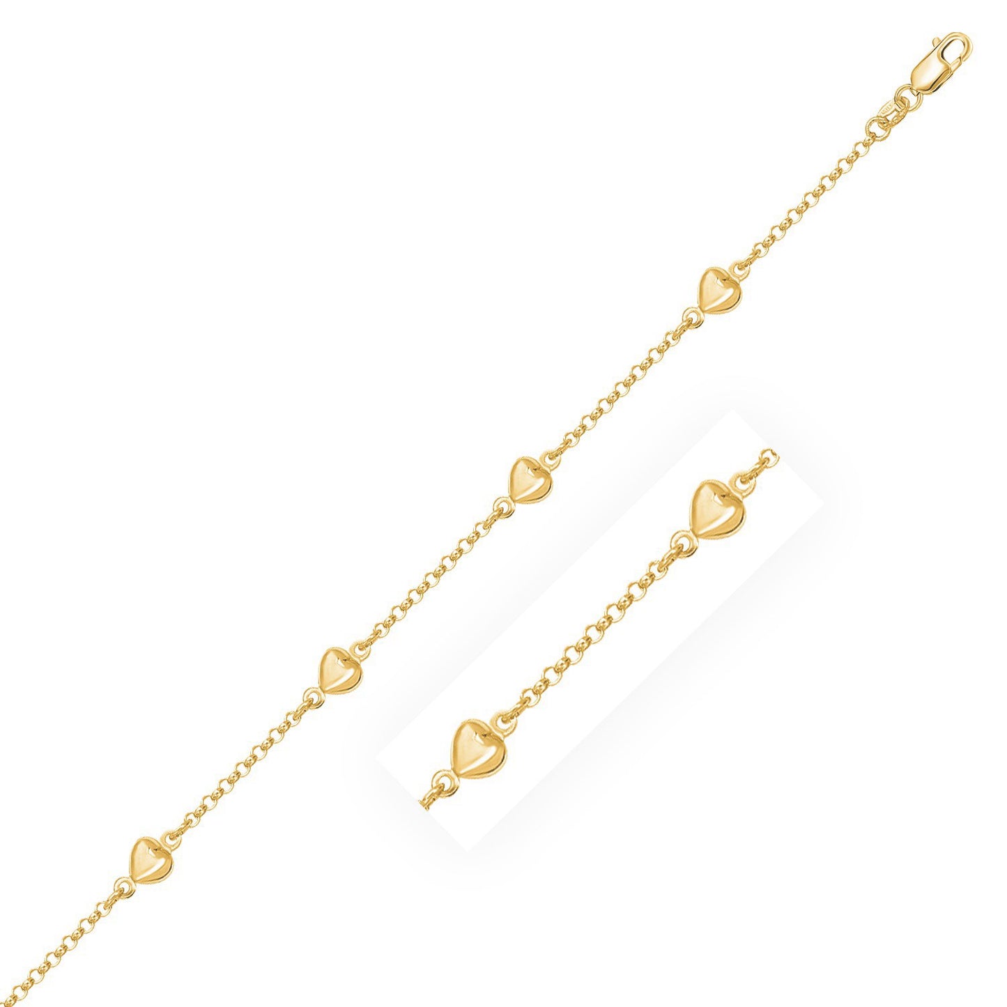14k Yellow Gold Rolo Chain Bracelet with Puffed Heart Stations (3.30 mm) in a sleek high-contrast midnight luxury editorial s