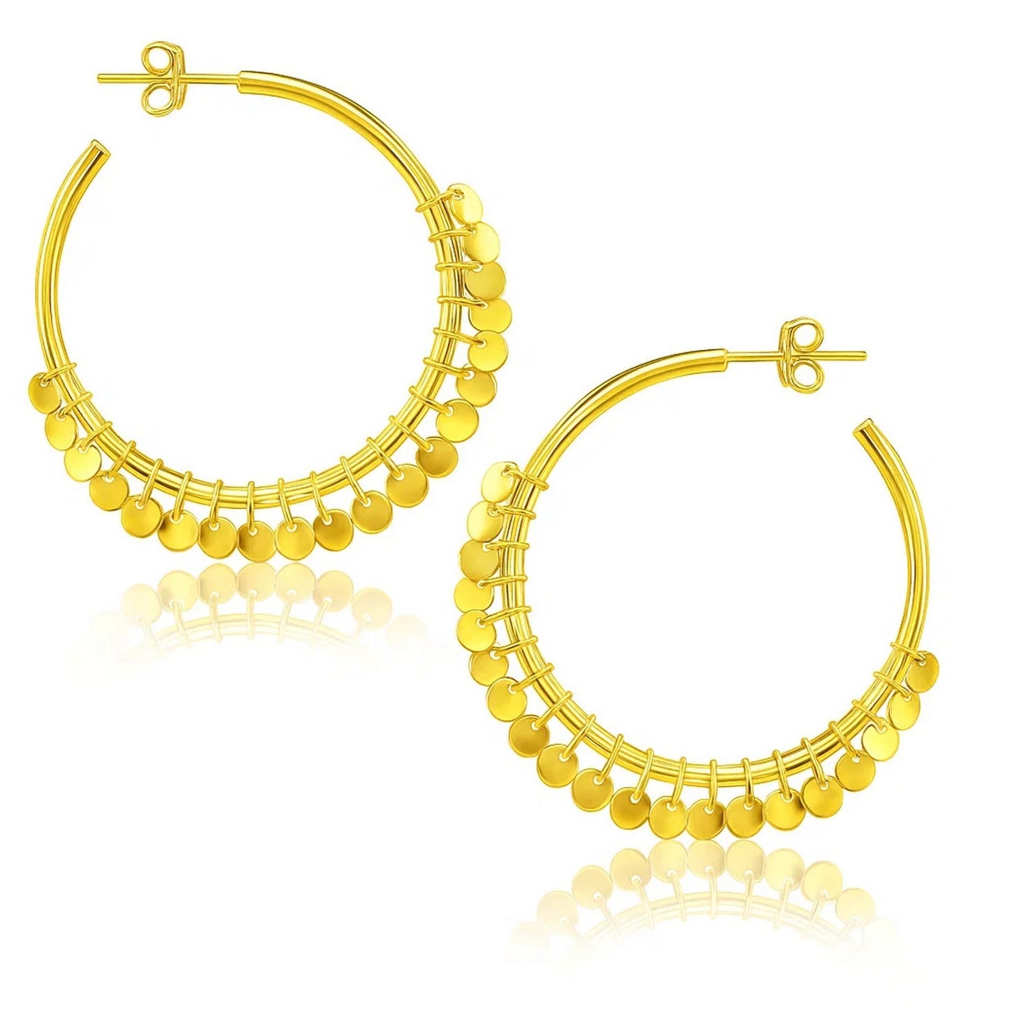 14k Yellow Gold Hoop Style Earrings with Dangling Sequins(1.5x30mm) in a sleek high-contrast midnight luxury editorial style