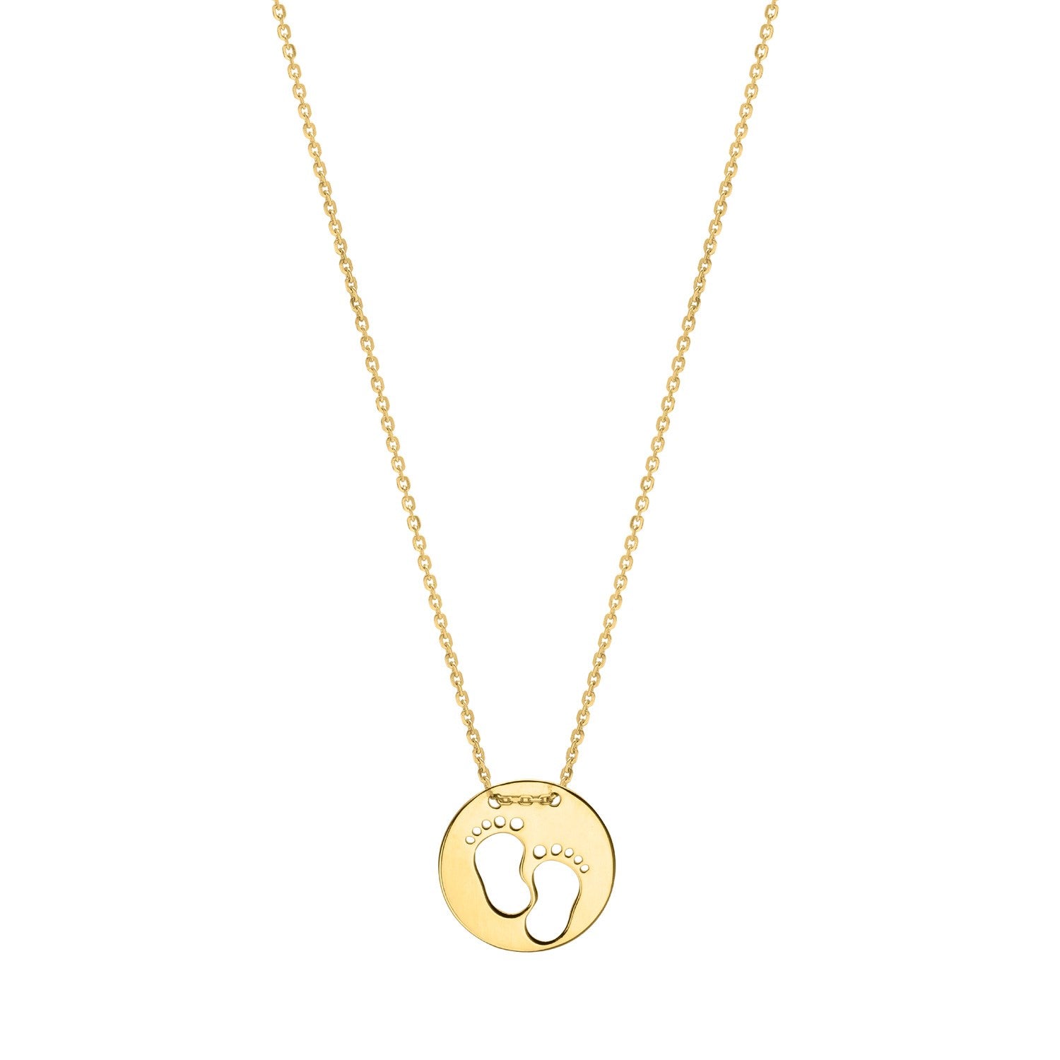 Baby Footprints Necklace in 10K Yellow Gold in a sleek high-contrast midnight luxury editorial style