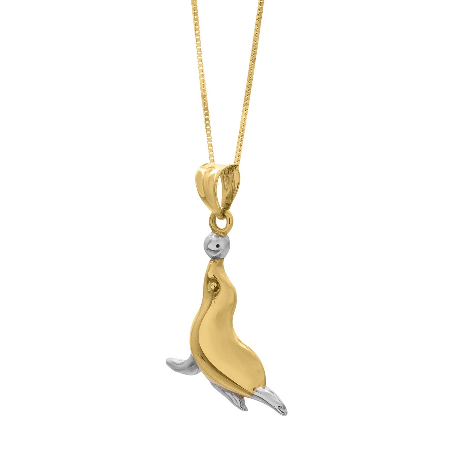 Seal Necklace in 10k Two Tone Gold in a sleek high-contrast midnight luxury editorial style