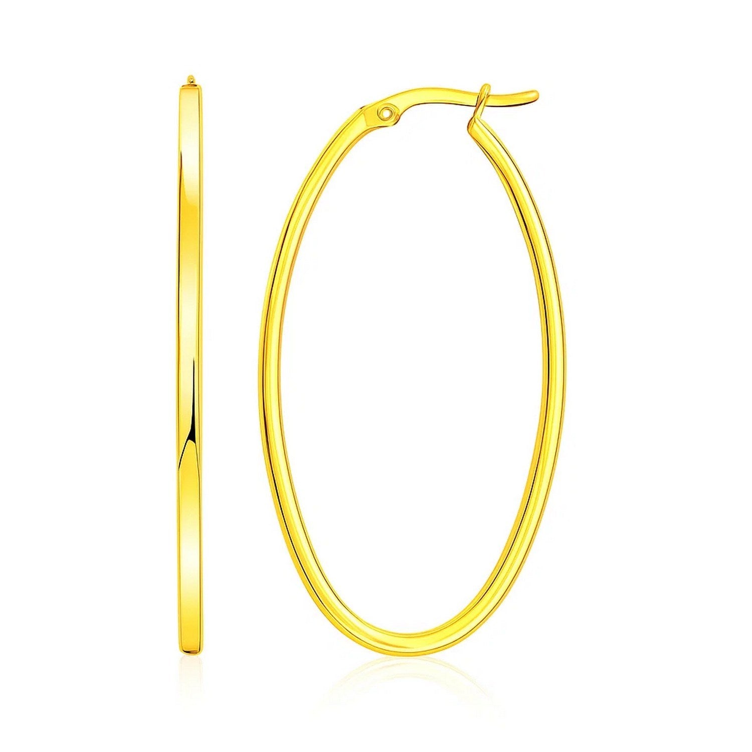 14k Yellow Gold Slim Oval Shape Hoop Earrings in a sleek high-contrast midnight luxury editorial style