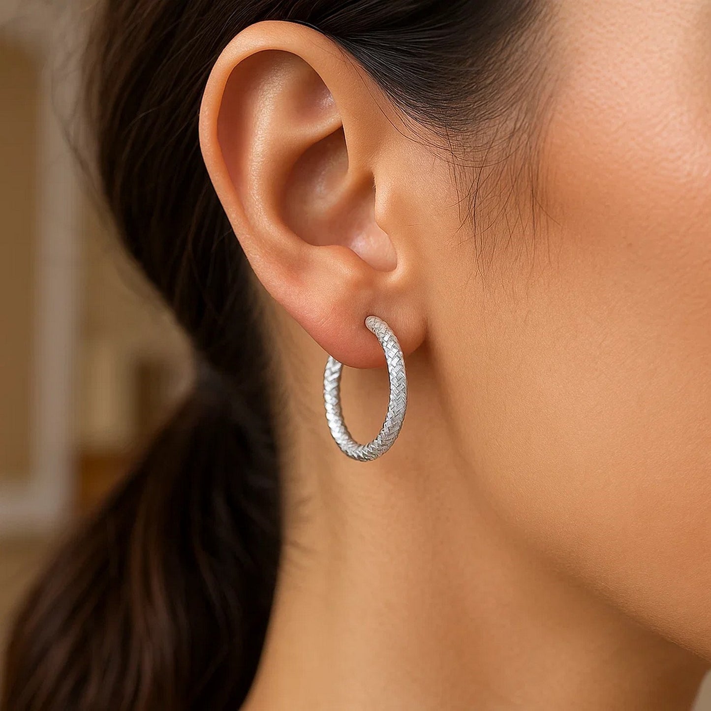 Sterling Silver Large Hoop Earrings with Braid Texture(3x20mm) - Peelerie