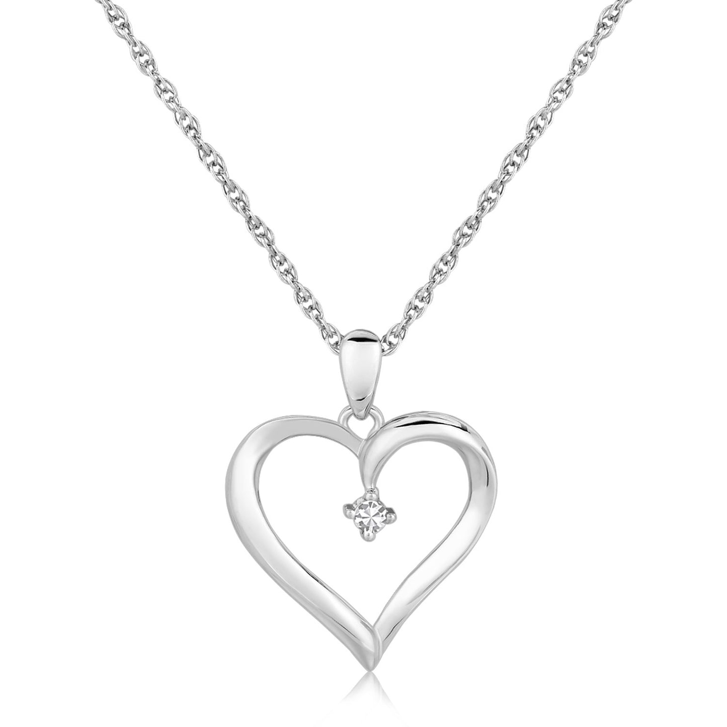 Sterling Silver Diamond Embellished Open Heart Pendant (.03 cttw) in a sleek high-contrast midnight luxury editorial style
