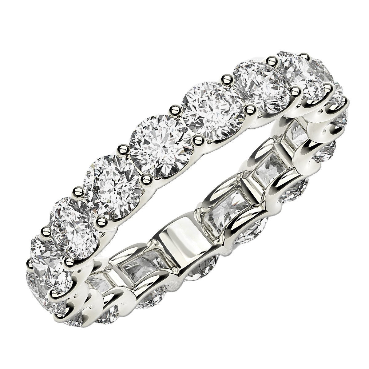 Round Cut Lab Grown Diamond Eternity Ring in 14k White Gold (3 cttw FG/VS2) in a sleek high-contrast midnight luxury editoria