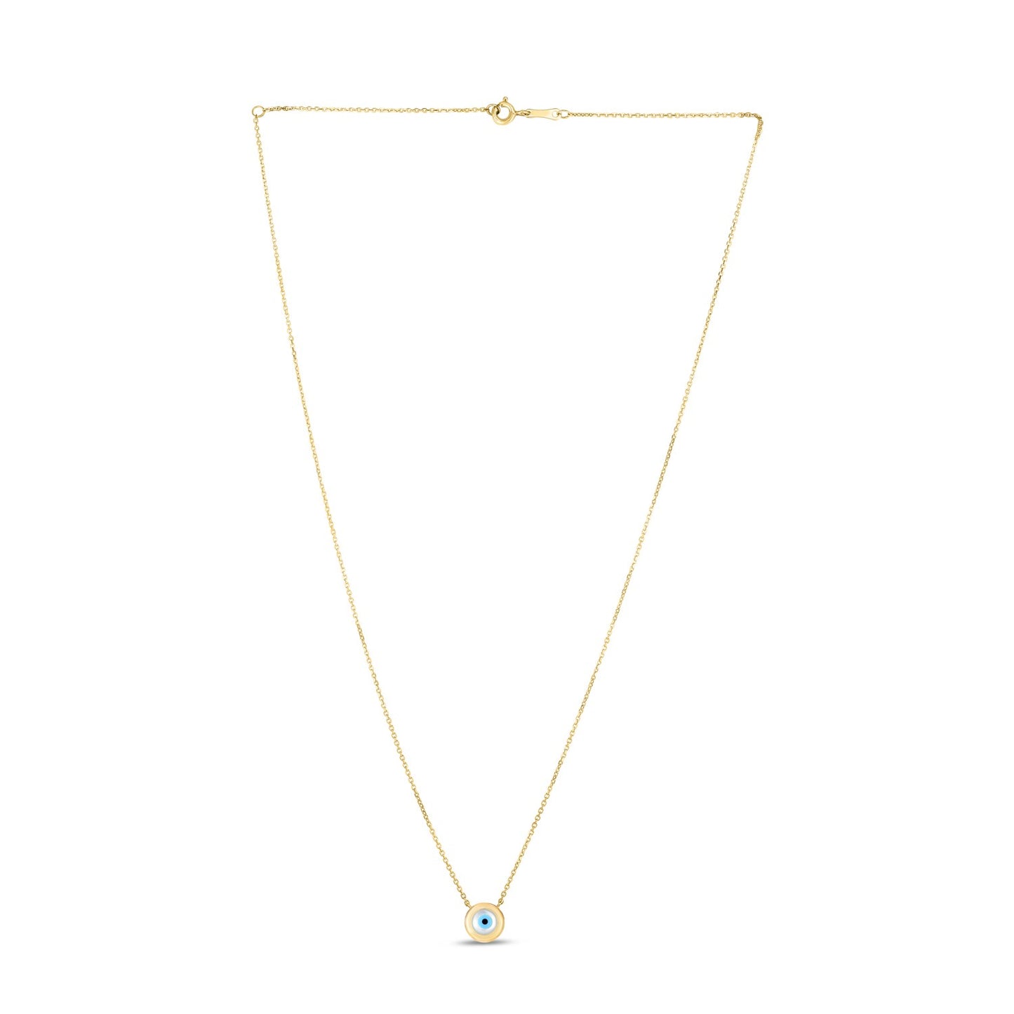 14k Yellow Gold MOP Evil Eye Necklace in a sleek high-contrast midnight luxury editorial style