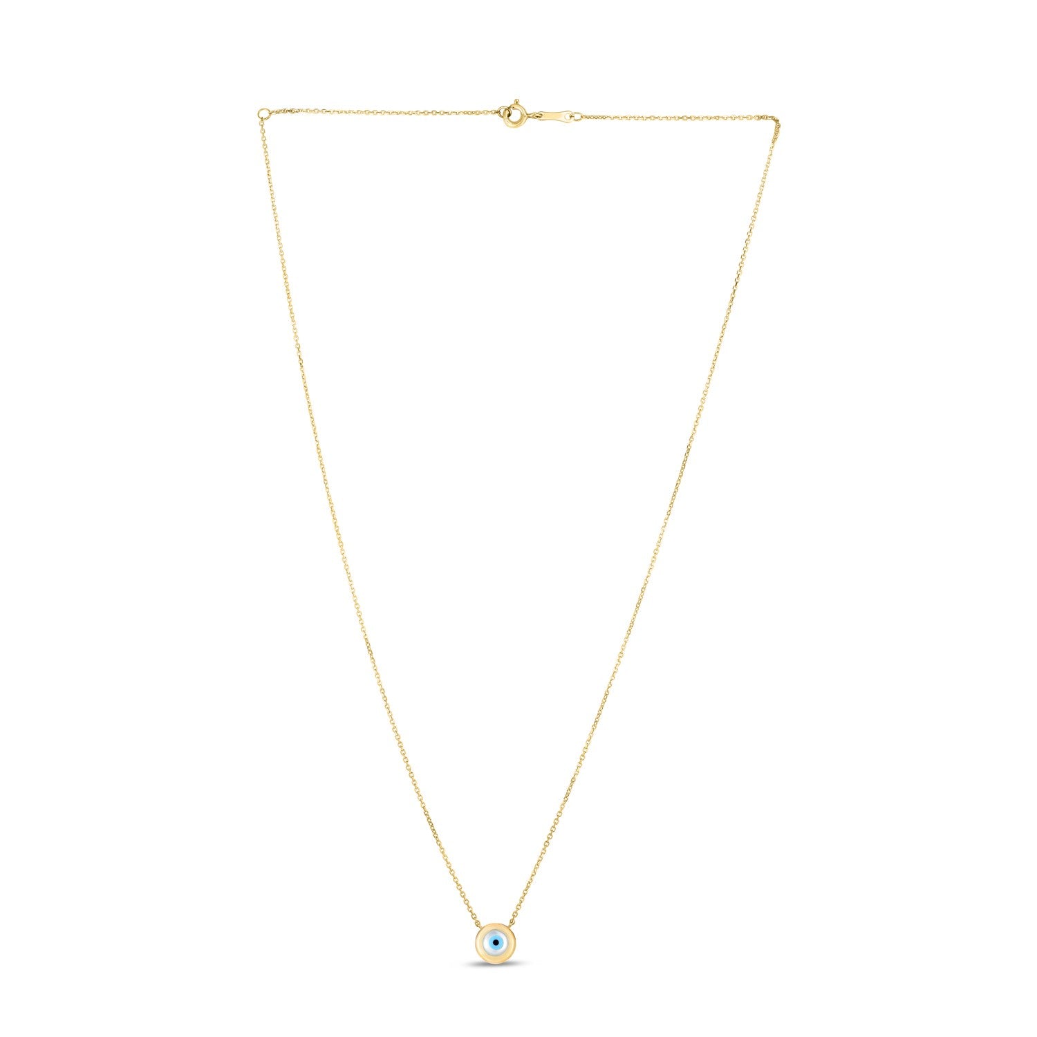 14k Yellow Gold MOP Evil Eye Necklace in a sleek high-contrast midnight luxury editorial style