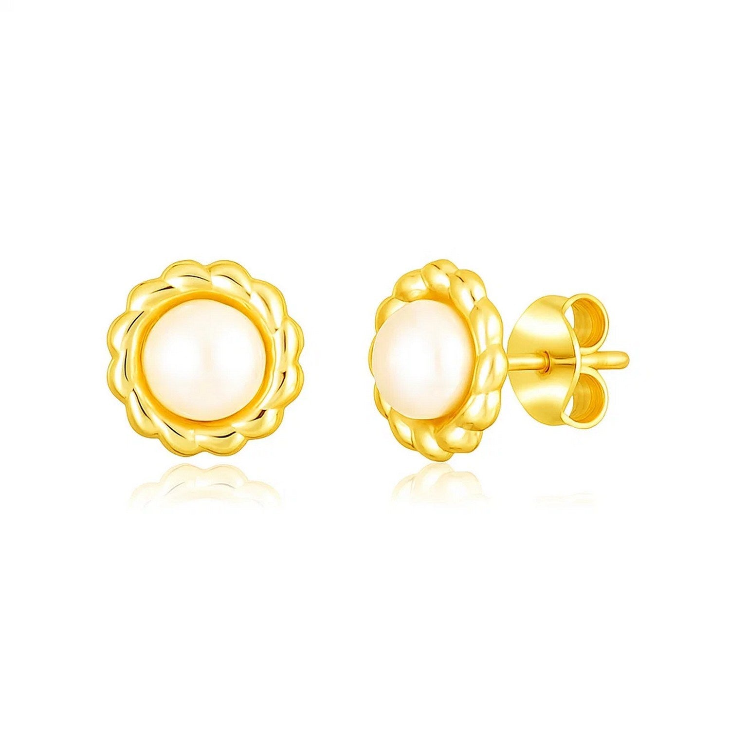 14k Yellow Gold Flower Stud Earrings with Pearls in a sleek high-contrast midnight luxury editorial style