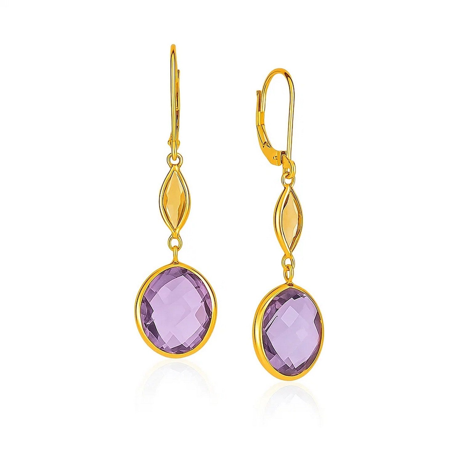 14k Yellow Gold Drop Earrings with Citrine and Amethyst Briolettes in a sleek high-contrast midnight luxury editorial style